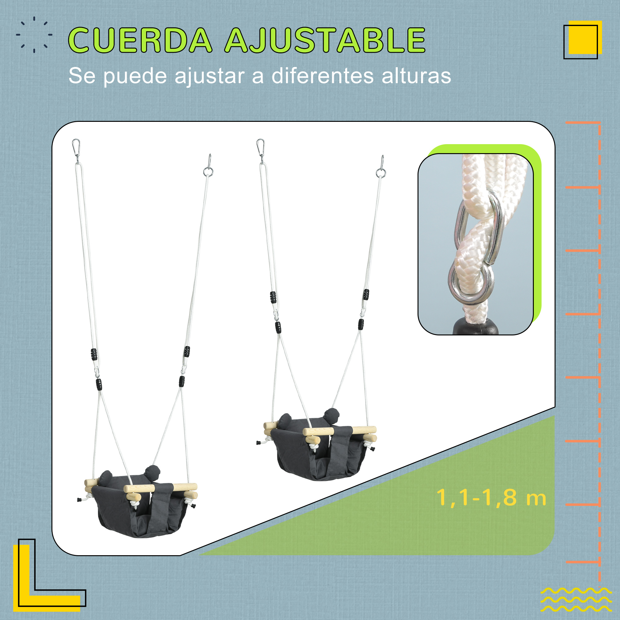 Un asiento de columpio infantil ajustable con barras de madera y cuerdas.