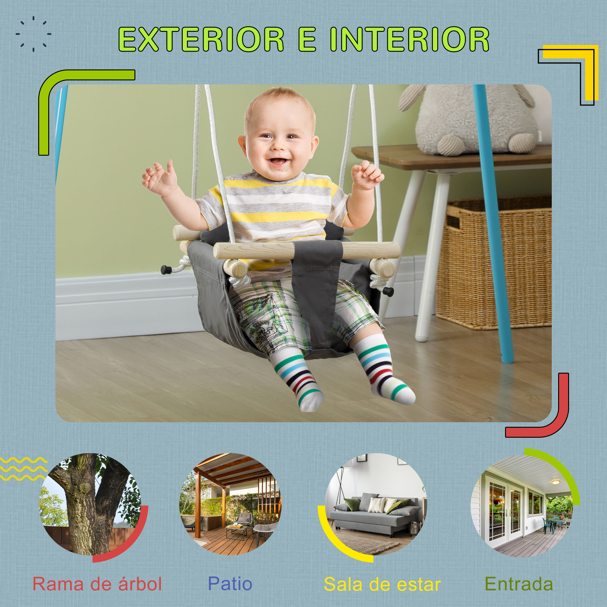Un bebé sonriente se balancea adentro, con imágenes de árbol, patio, sala y entrada.