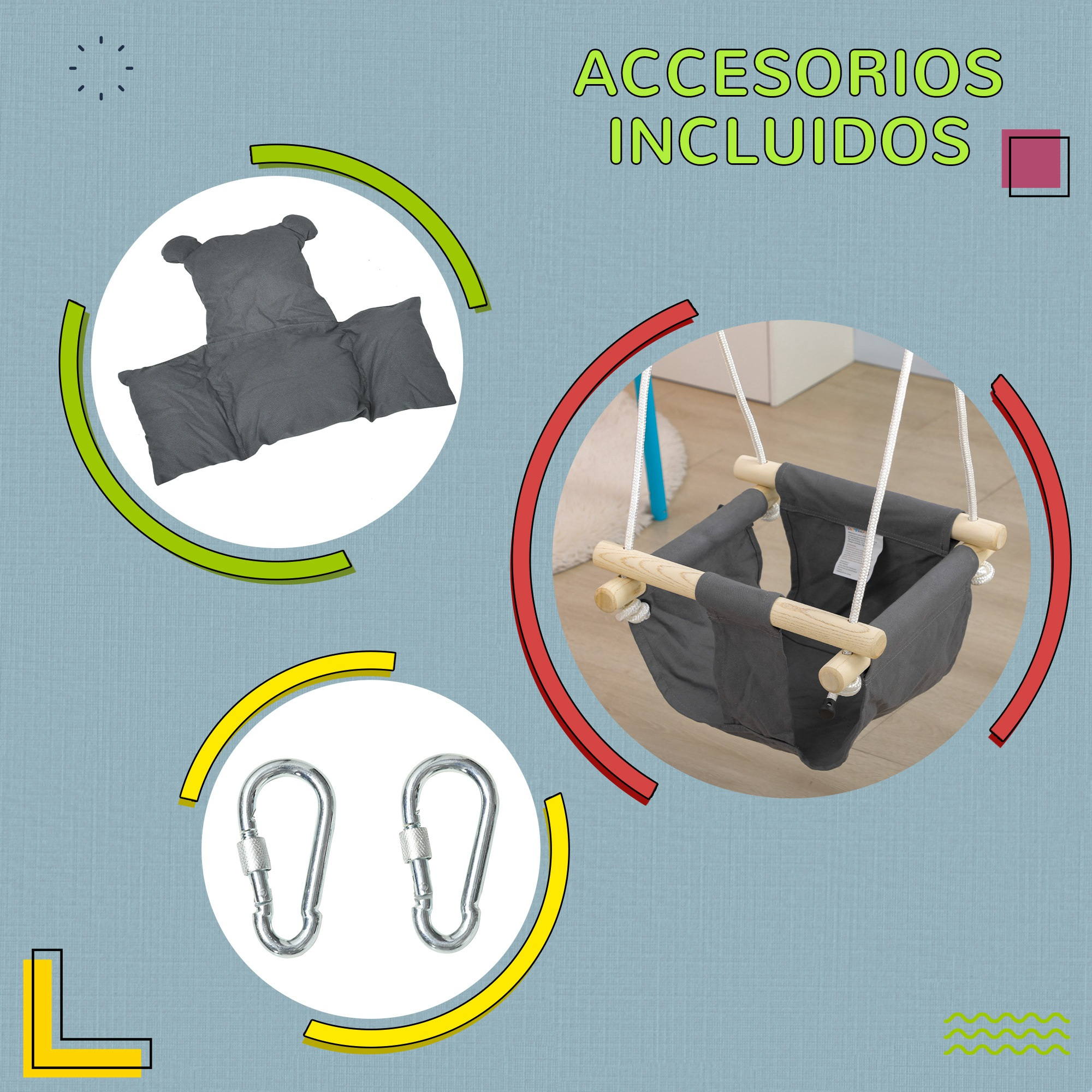 Accesorios para columpio de bebé gris: cojín, columpio y dos mosquetones.