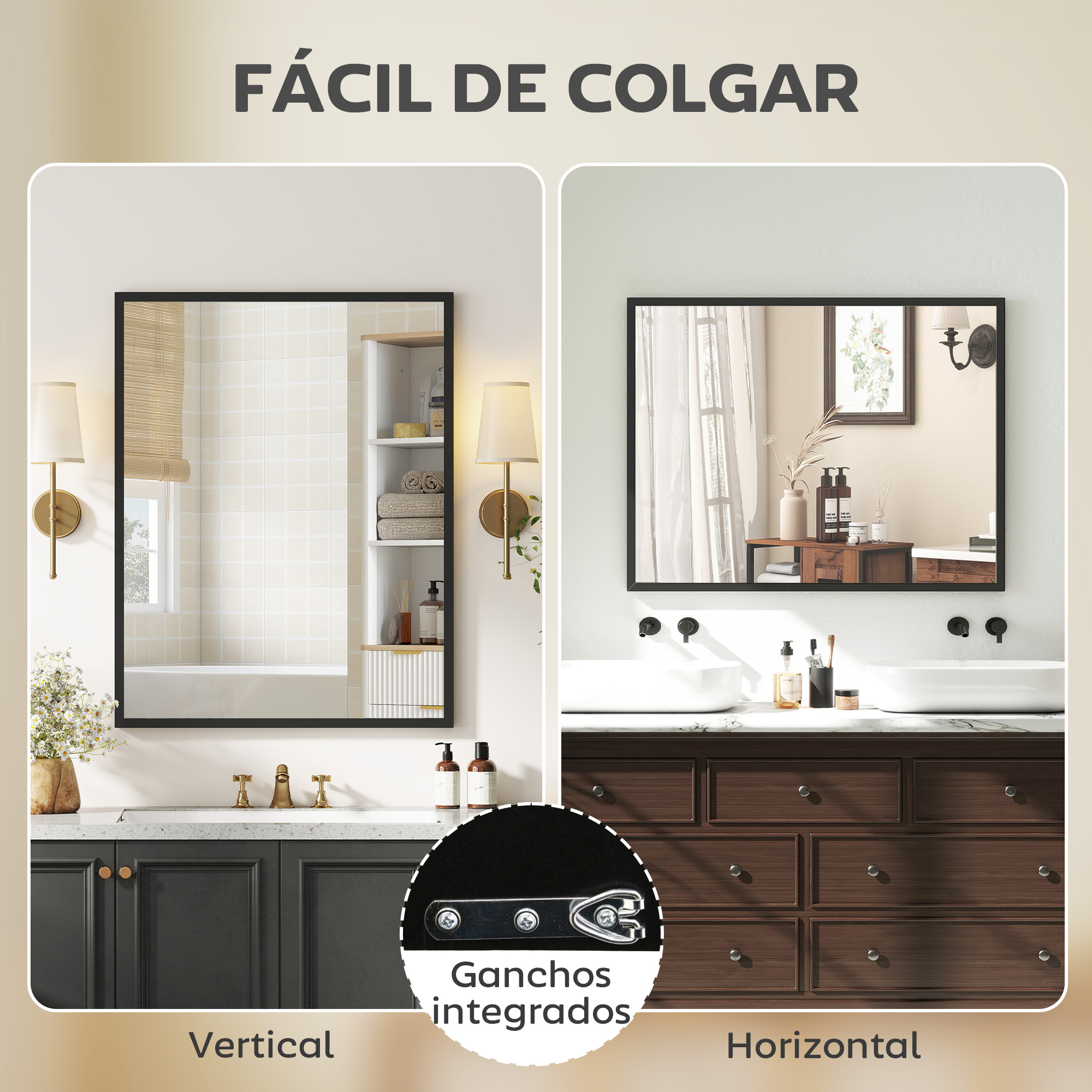 Dos baños muestran espejos colgados vertical y horizontalmente.