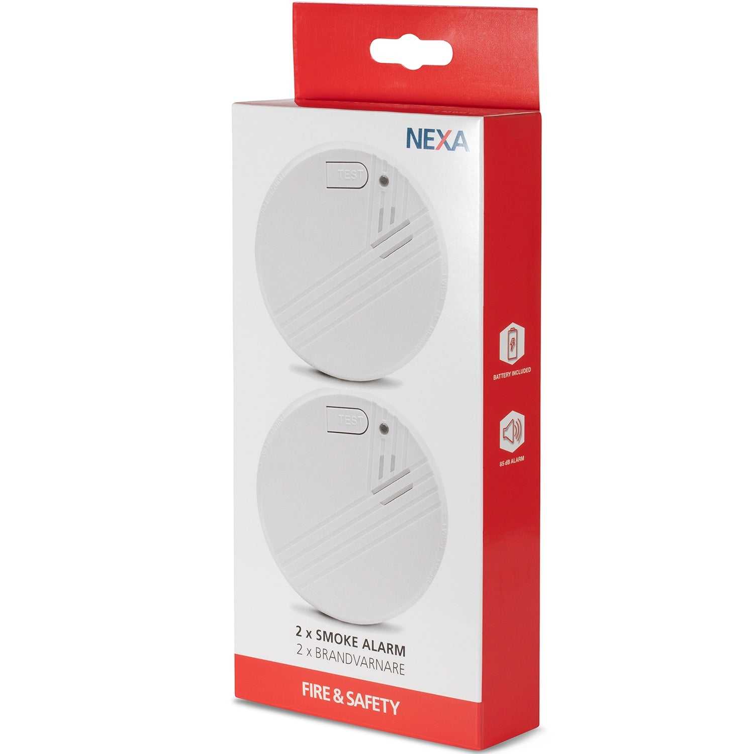 Package with two white smoke alarms with NEXA logo and TEST button.
