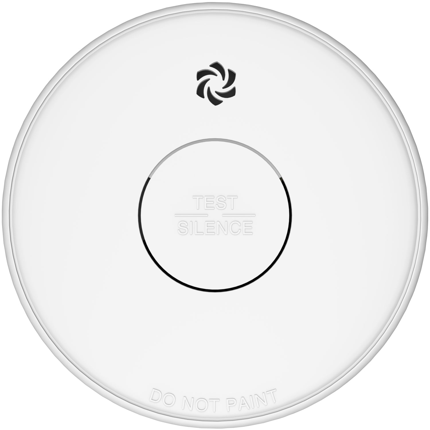 Een witte rookmelder met test/stilteknop en waarschuwingssymbool.