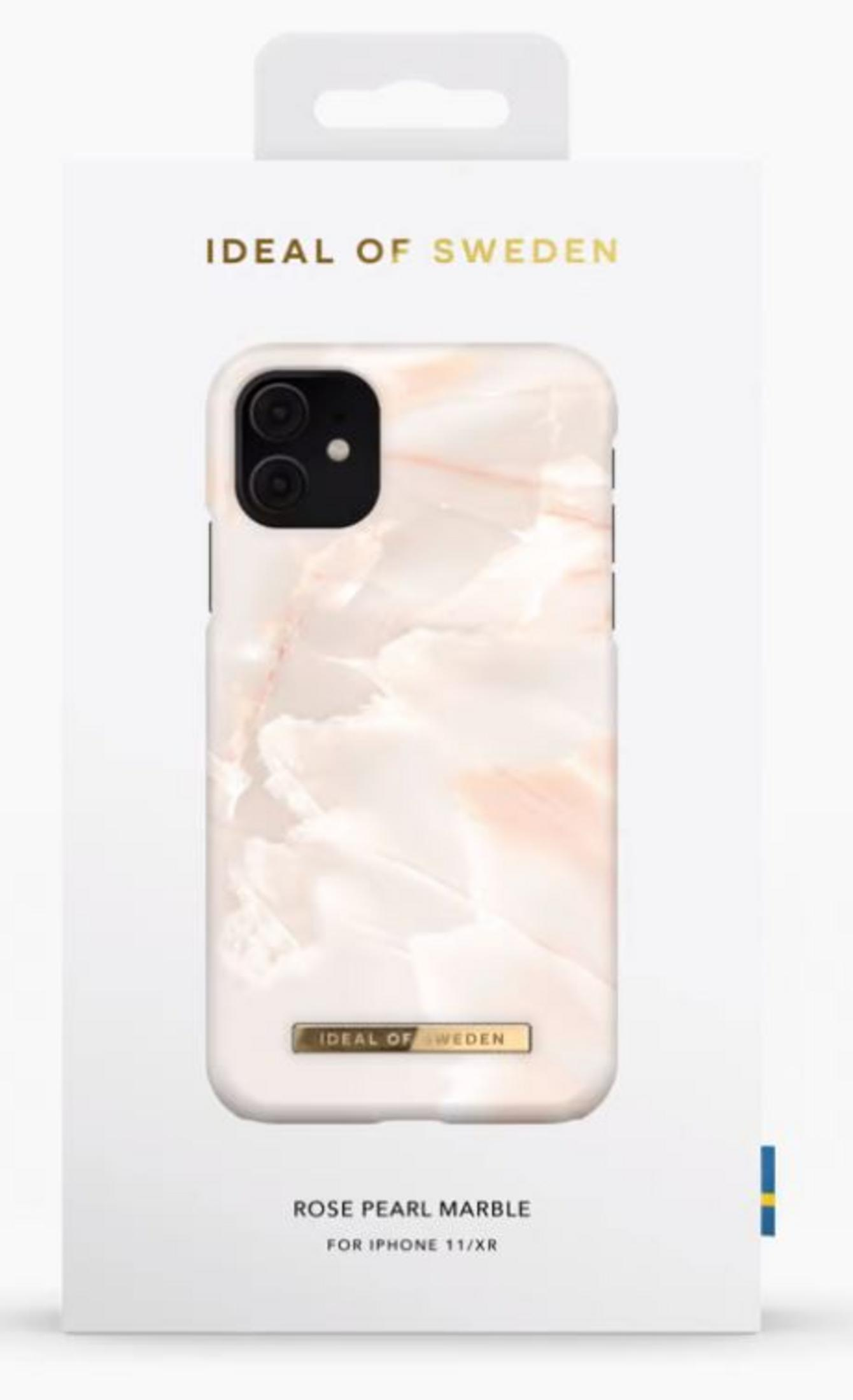 Verpackung für ein iPhone 11/XR Hülle mit rosafarbenem Marmormuster.