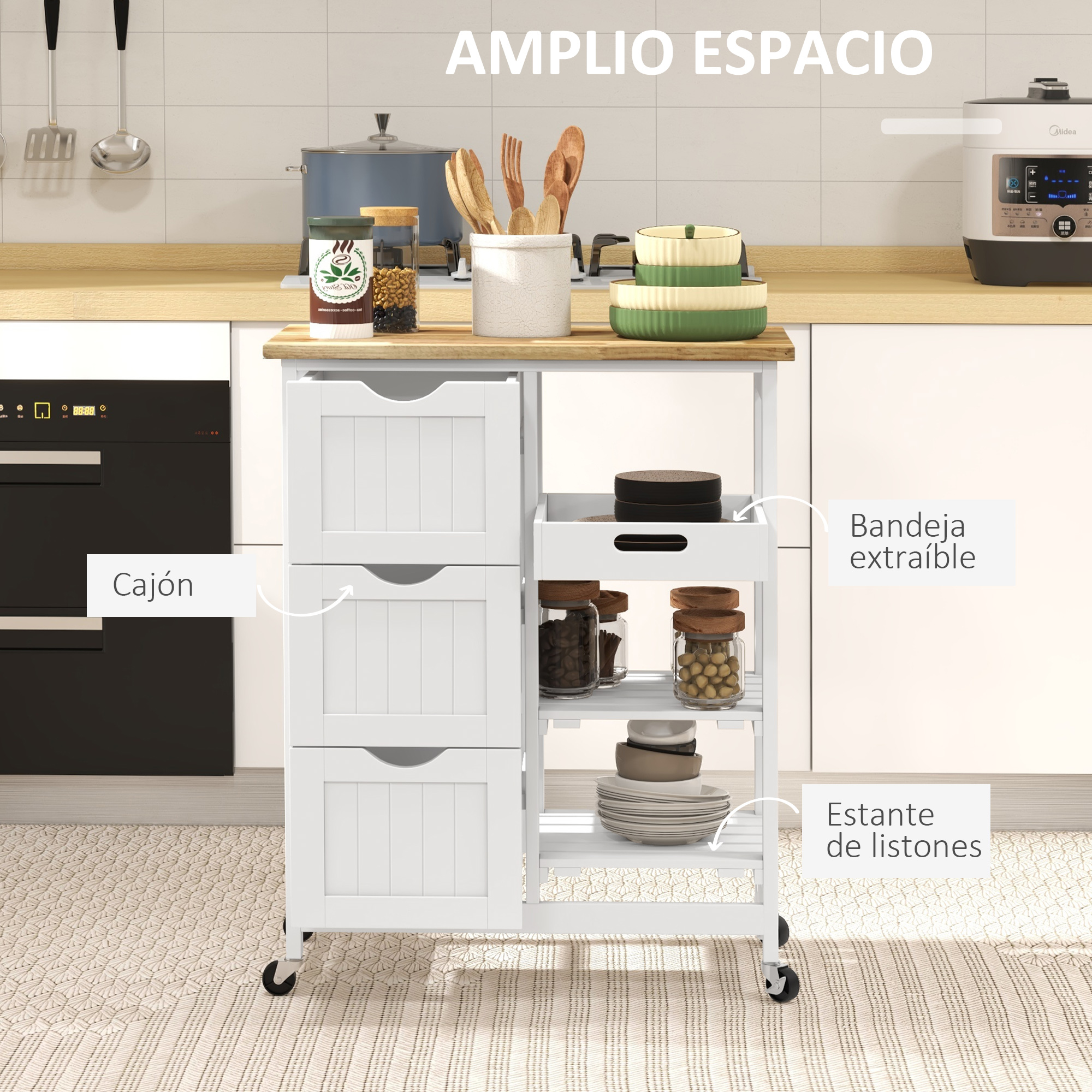 Carro de cocina blanco con cajones, estantes, platos y utensilios.