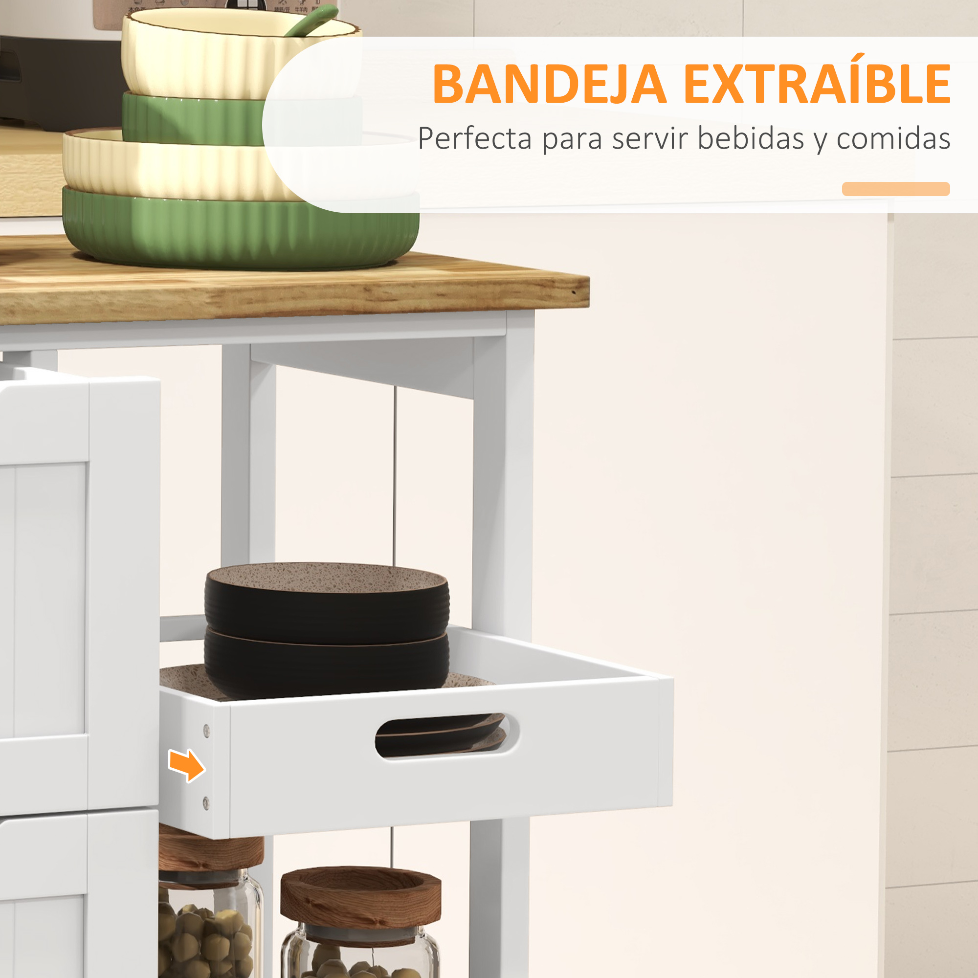 Un carrito blanco con bandeja extraíble, cuencos y tarros.