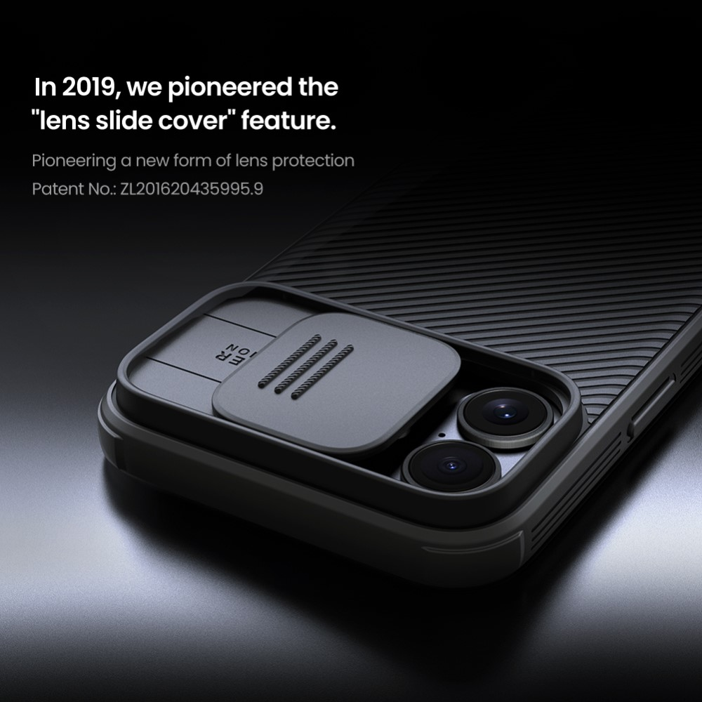 Coque de téléphone sombre avec cache coulissant pour objectifs photo.
