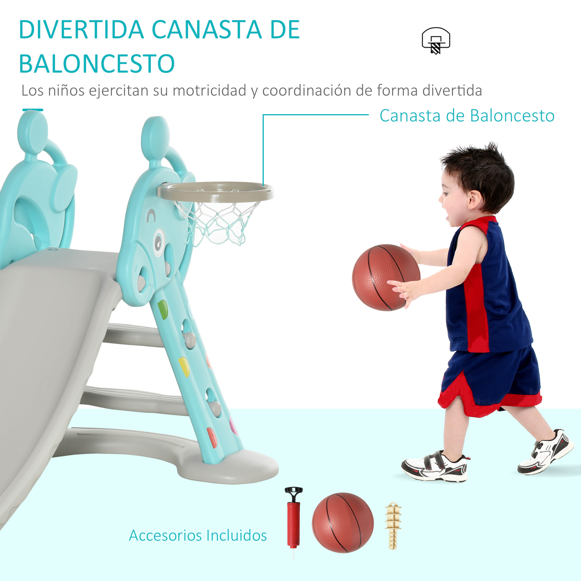 Un niño lanza una pelota de baloncesto a una canasta de juguete junto a un tobogán.