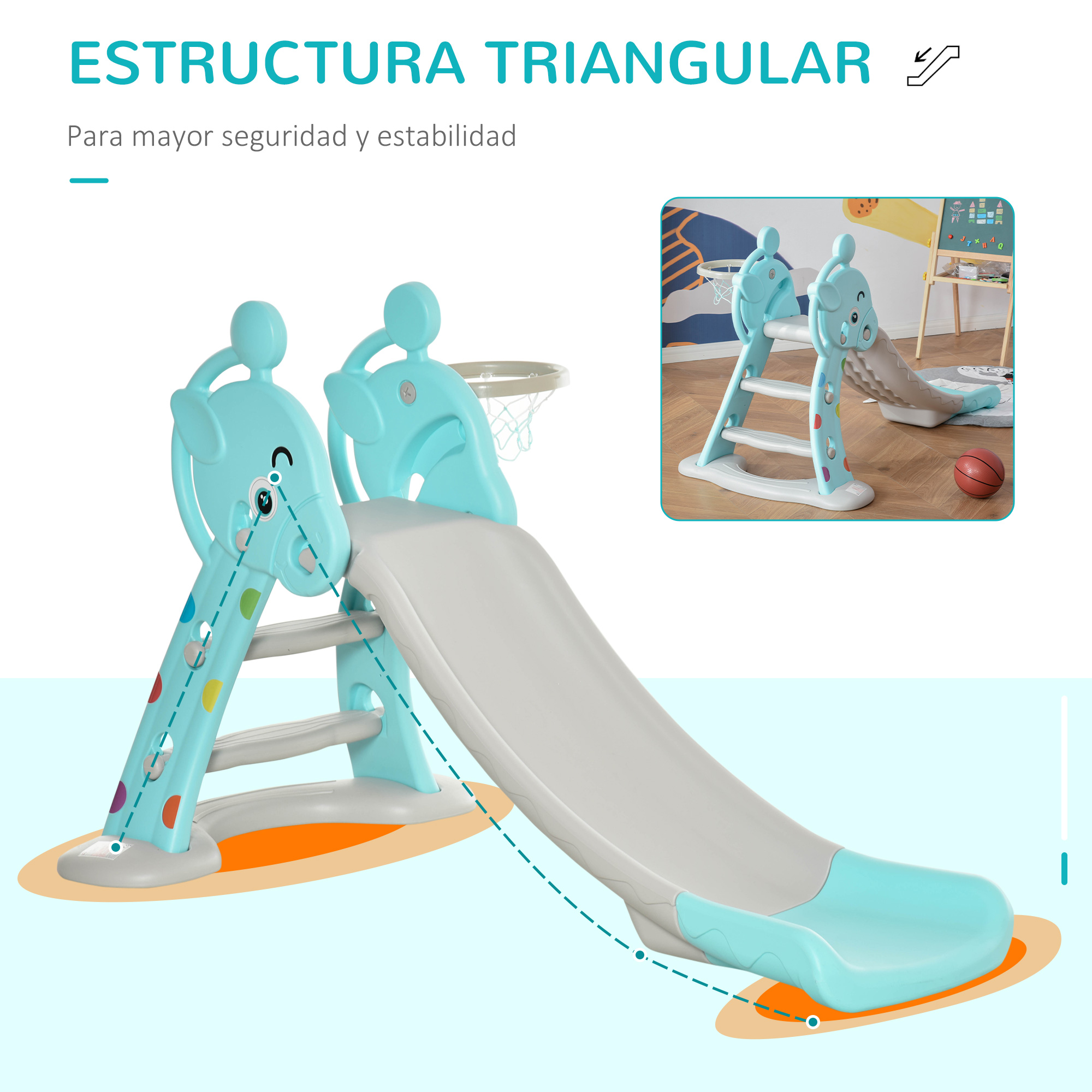 Un tobogán infantil temático de elefante azul claro y gris con canasta.