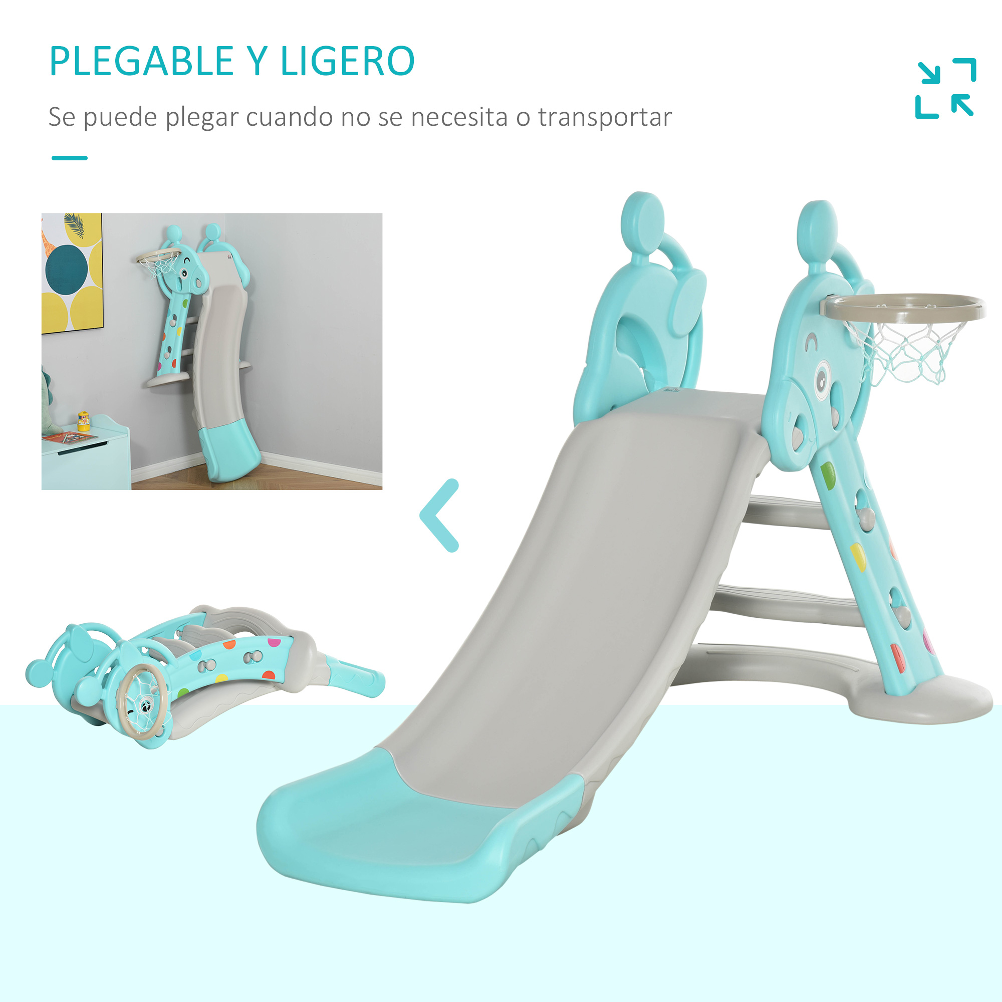 Tobogán infantil azul claro y gris con canasta de baloncesto, plegable.