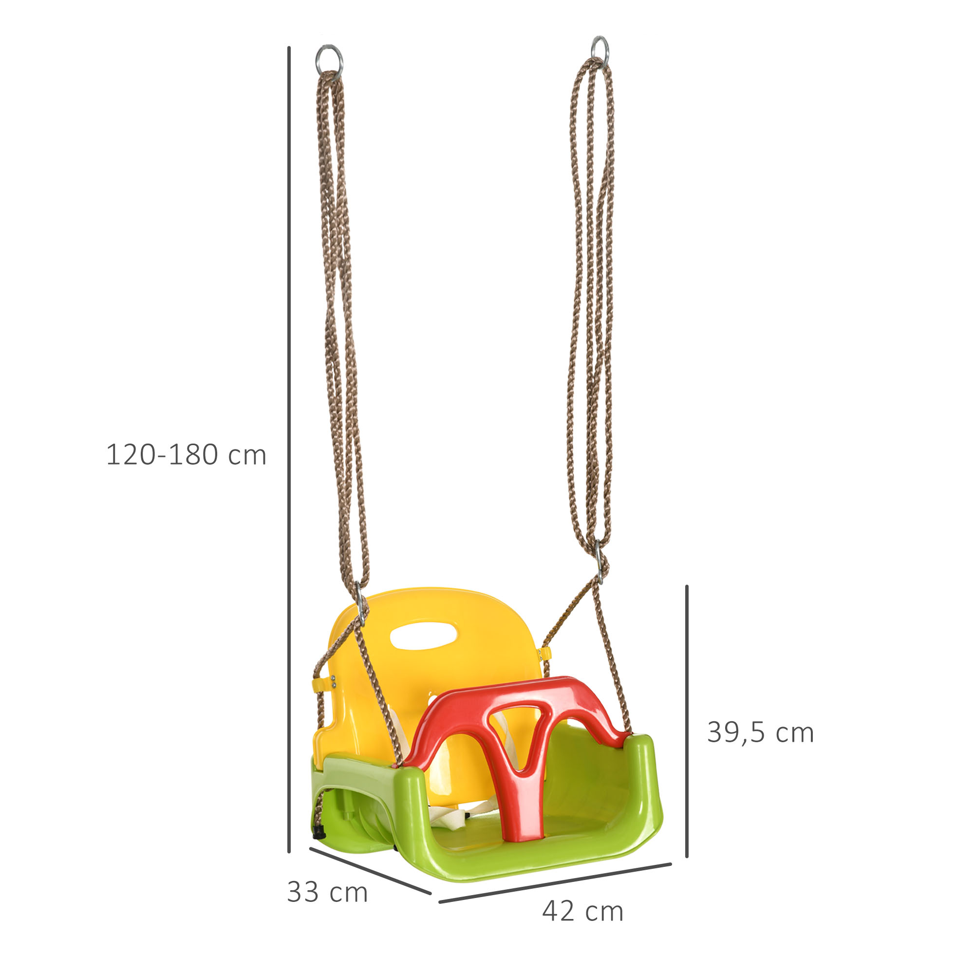 Columpio infantil de colores con cuerdas, dimensiones 120-180 cm alto, 33x42 cm ancho.