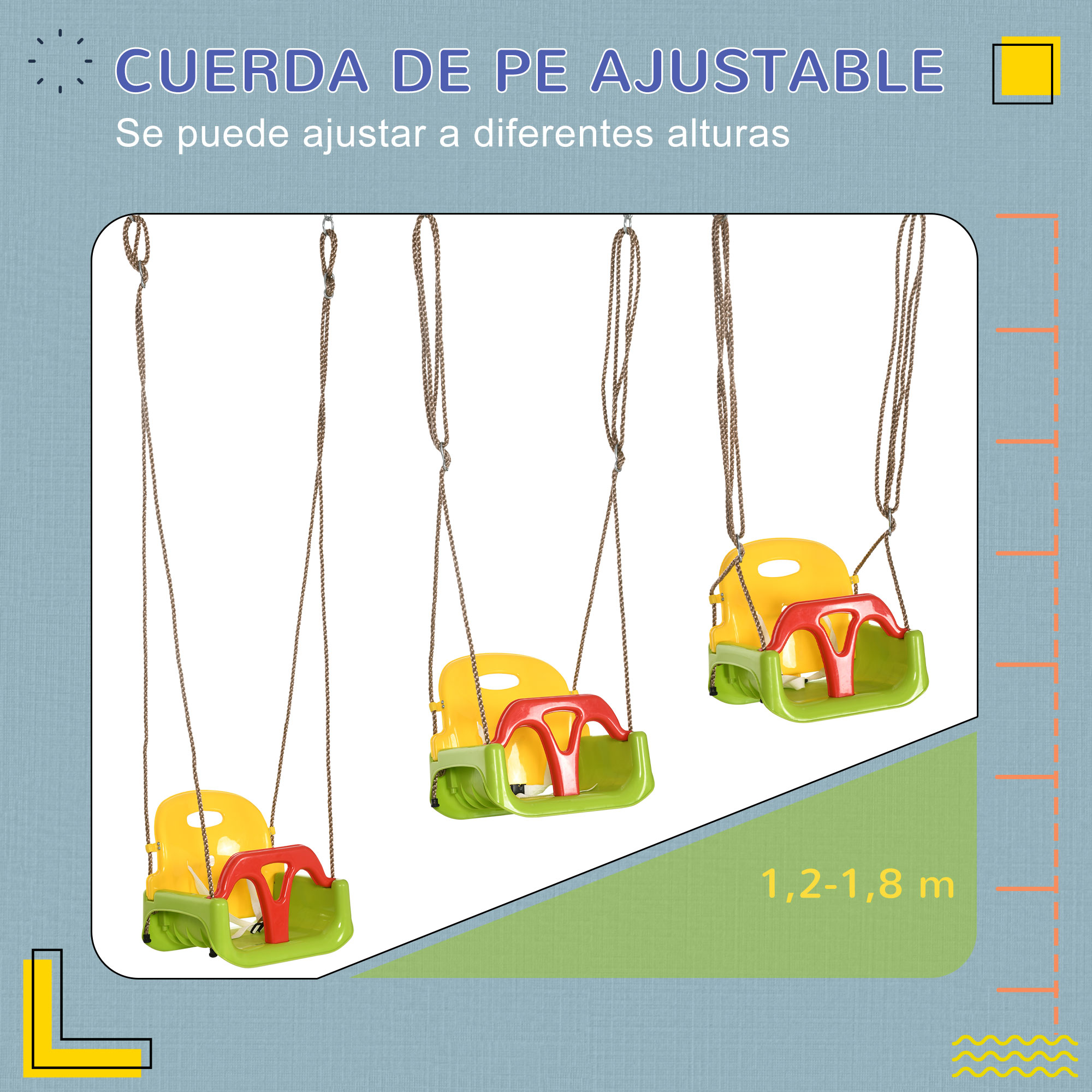 Tres columpios ajustables en amarillo, verde y rojo, colgados por cuerdas.