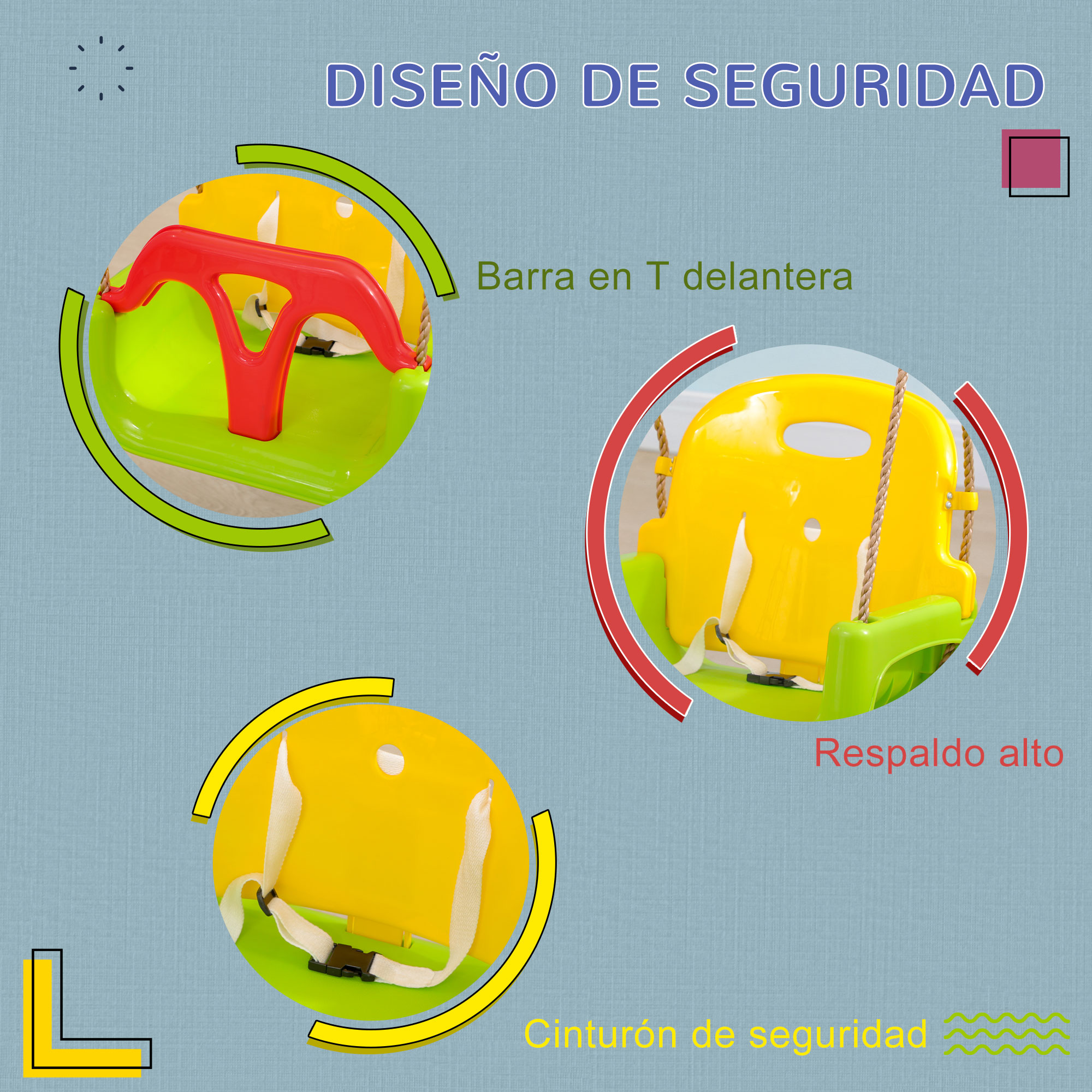 Un asiento de columpio infantil amarillo y verde con cinturón y barra delantera.