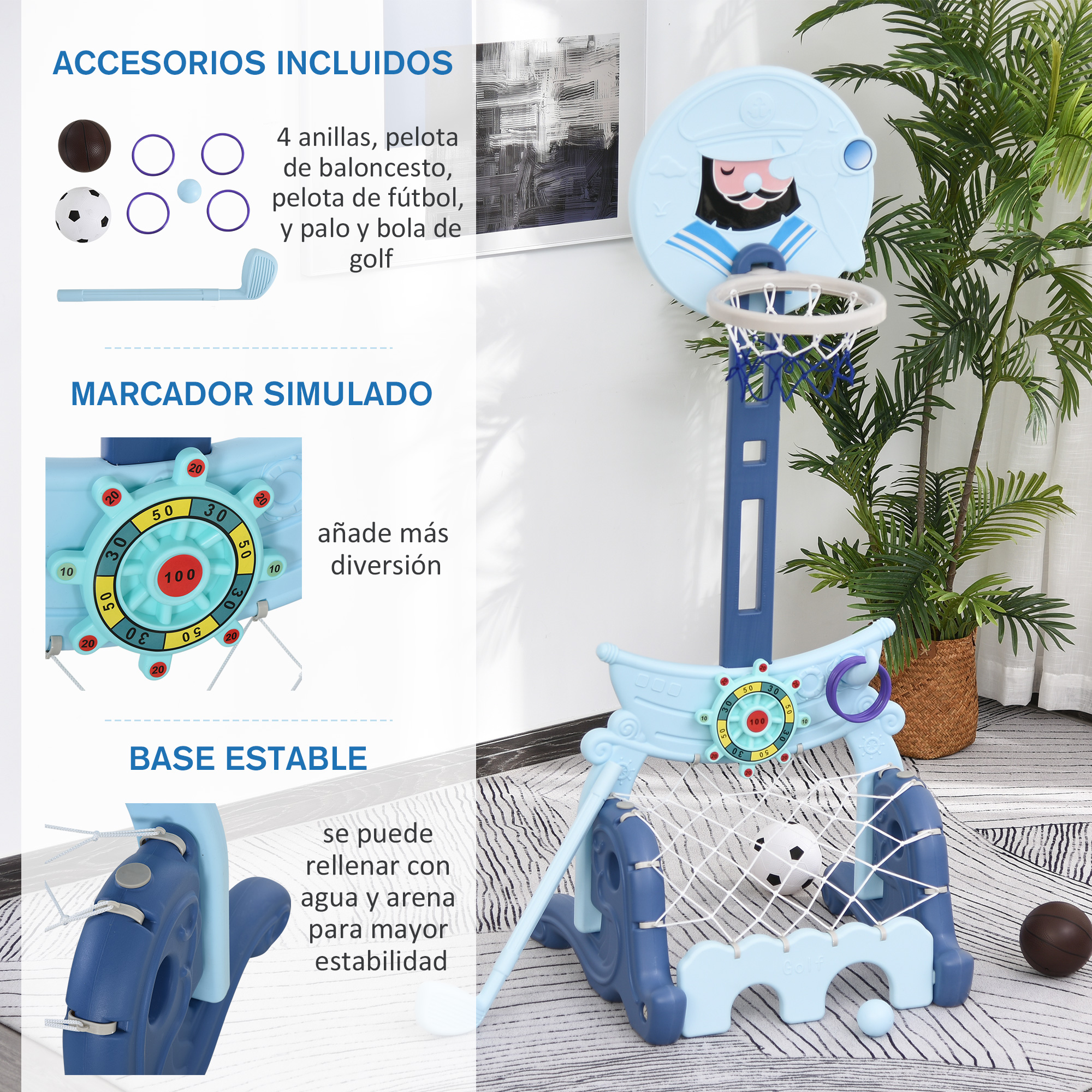 Un juego azul con canasta de baloncesto, portería de fútbol y accesorios de golf.