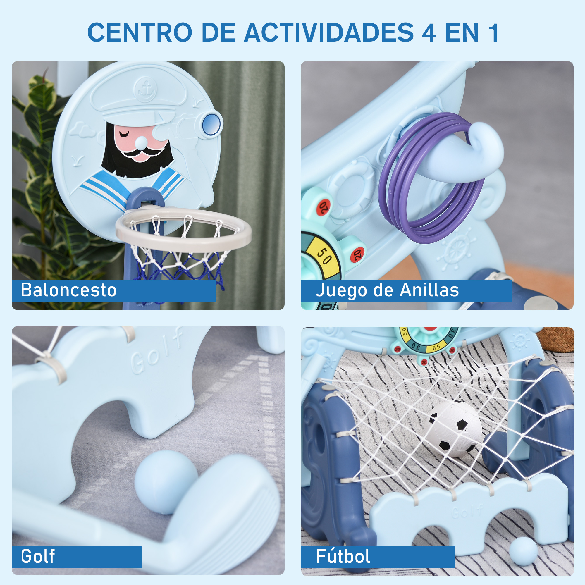 Centro de actividades 4 en 1 con baloncesto, lanzamiento de aros, golf y fútbol.