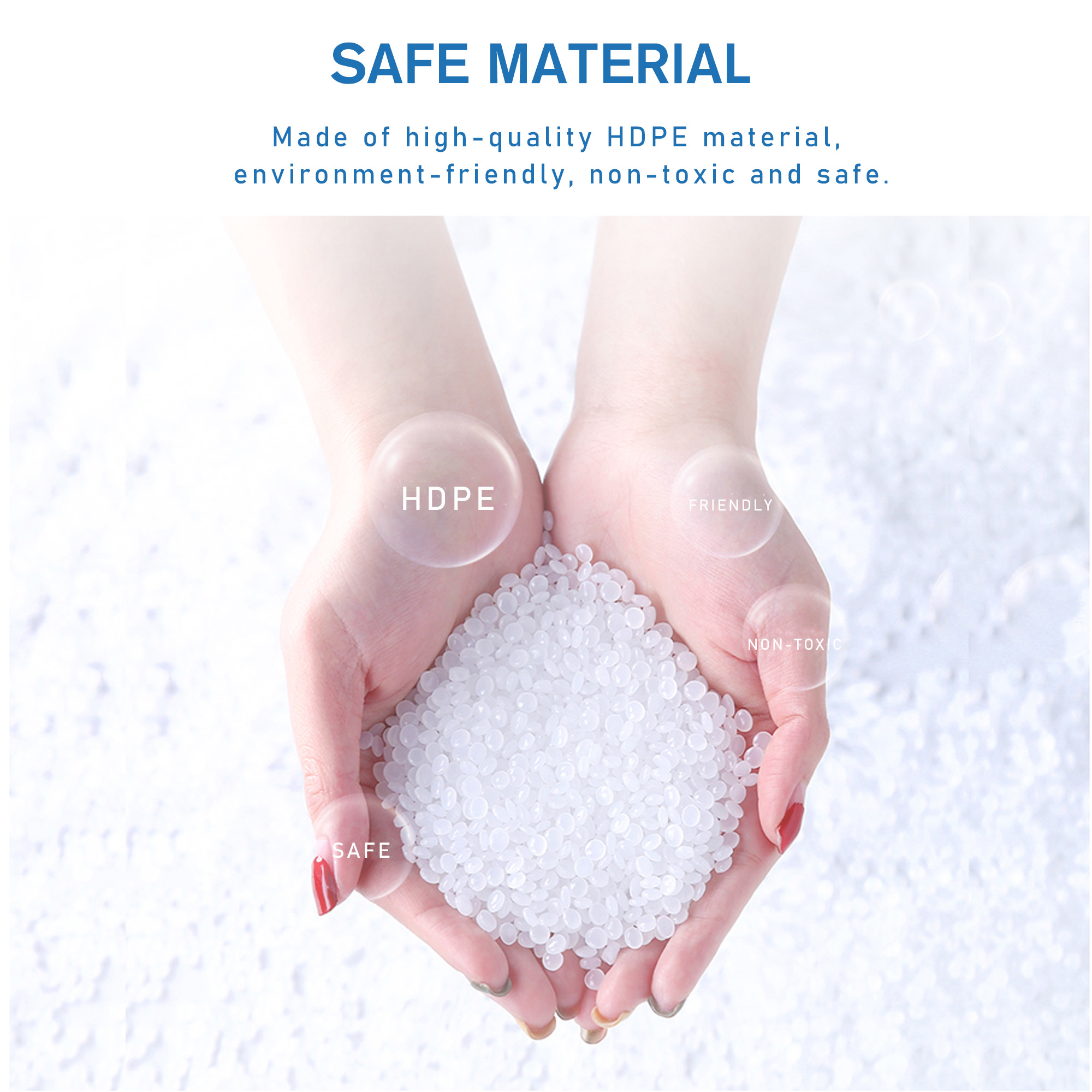 Manos sostienen gránulos blancos de HDPE. Material seguro, amigable, no tóxico.