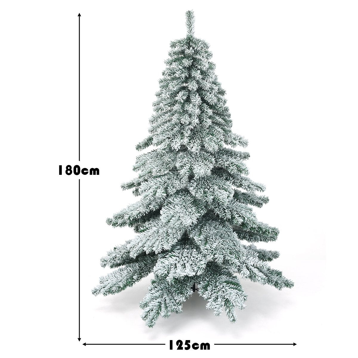 Een 180 cm hoge kunstkerstboom, 125 cm breed, bedekt met sneeuw.