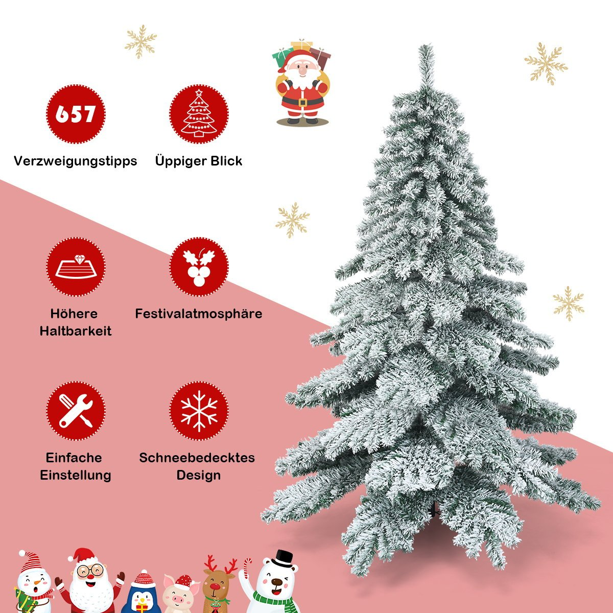 Besneeuwde kerstboom met Kerstman, sneeuwvlokken en figuren.