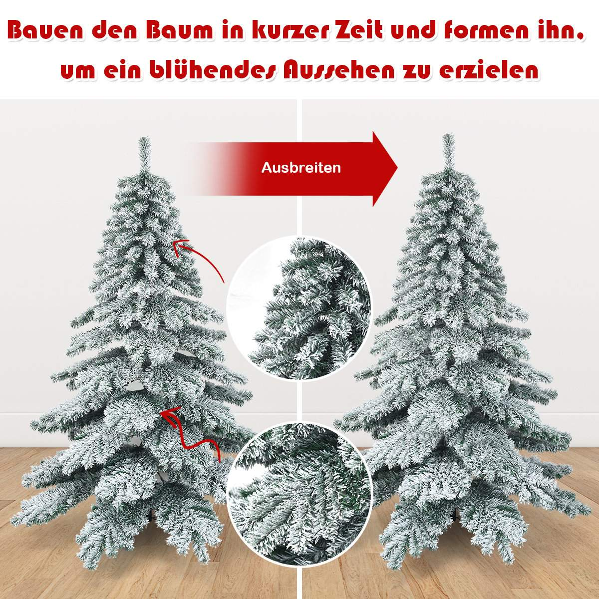 Twee kunstkerstbomen, één plat, één volledig uitgeklopt. Toont montage.