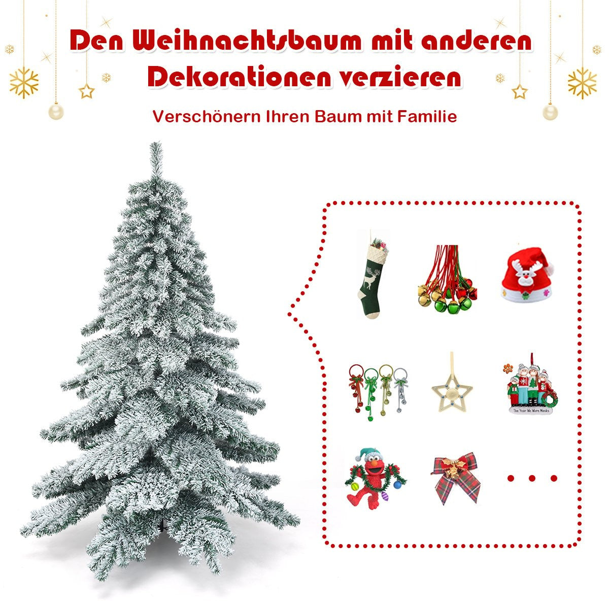 Een besneeuwde kerstboom met diverse decoraties zoals kousen, bellen en mutsen.