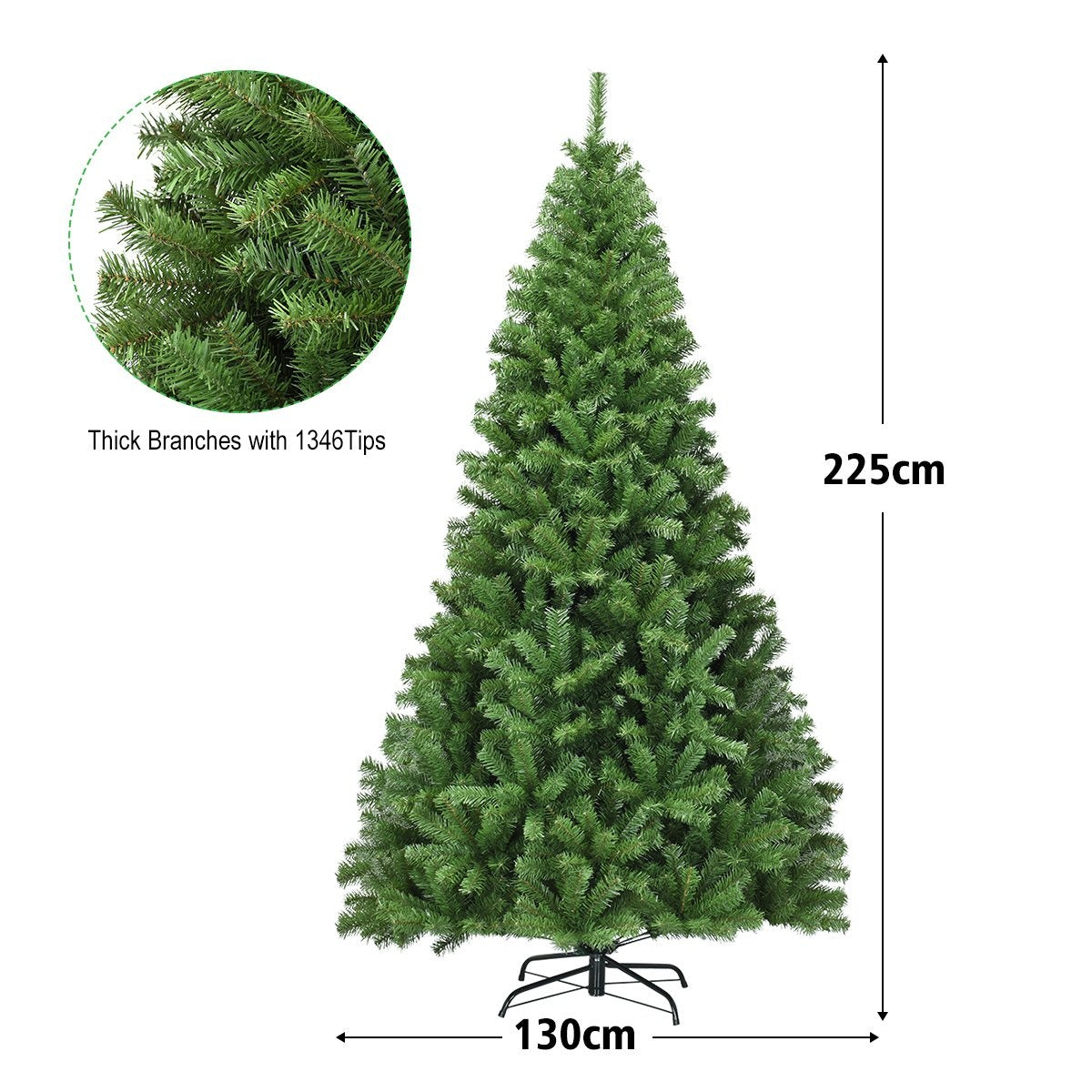 Groene kerstboom, 225cm hoog, 130cm breed, met dikke takken.