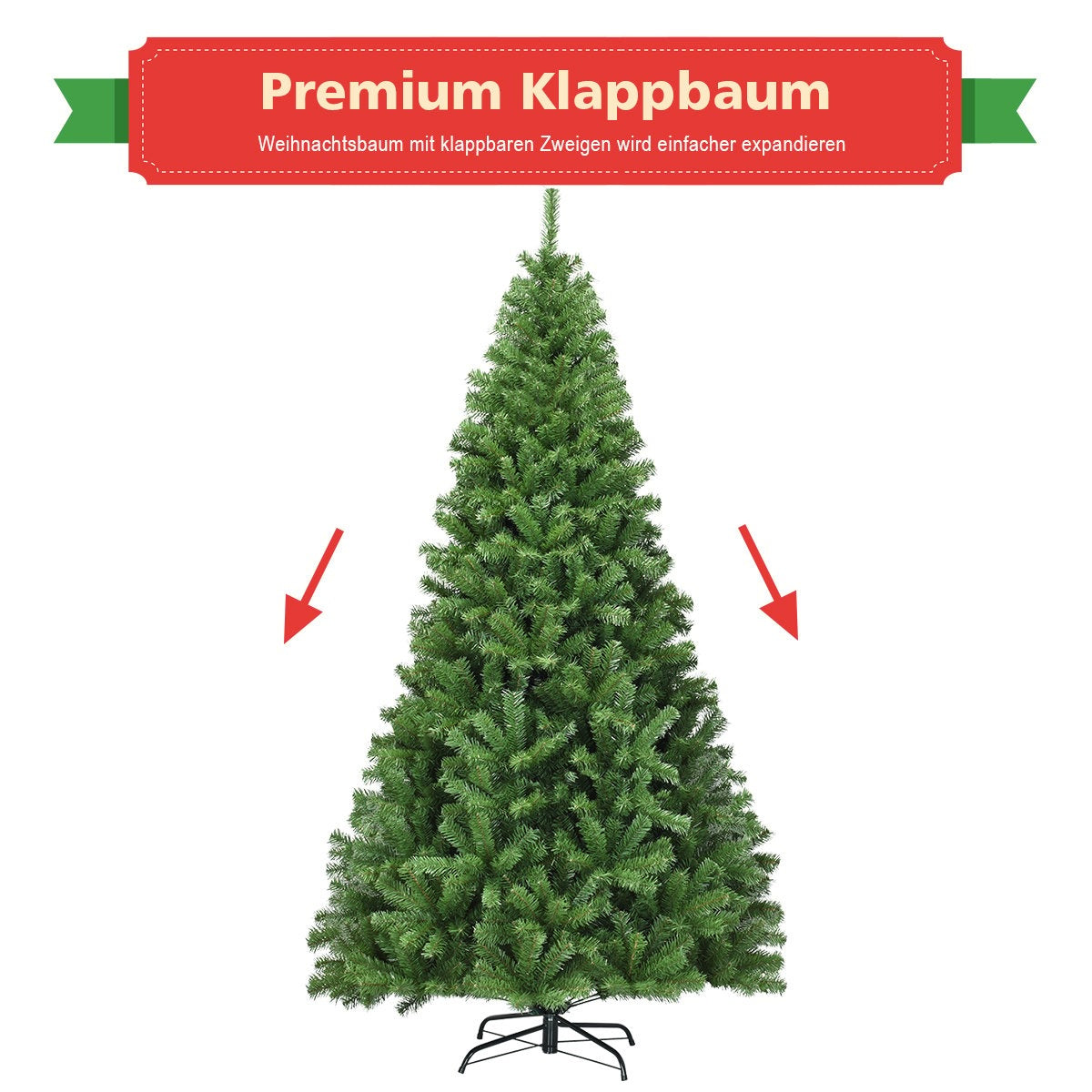 Een groene kerstboom met zwarte standaard en rode pijlen.
