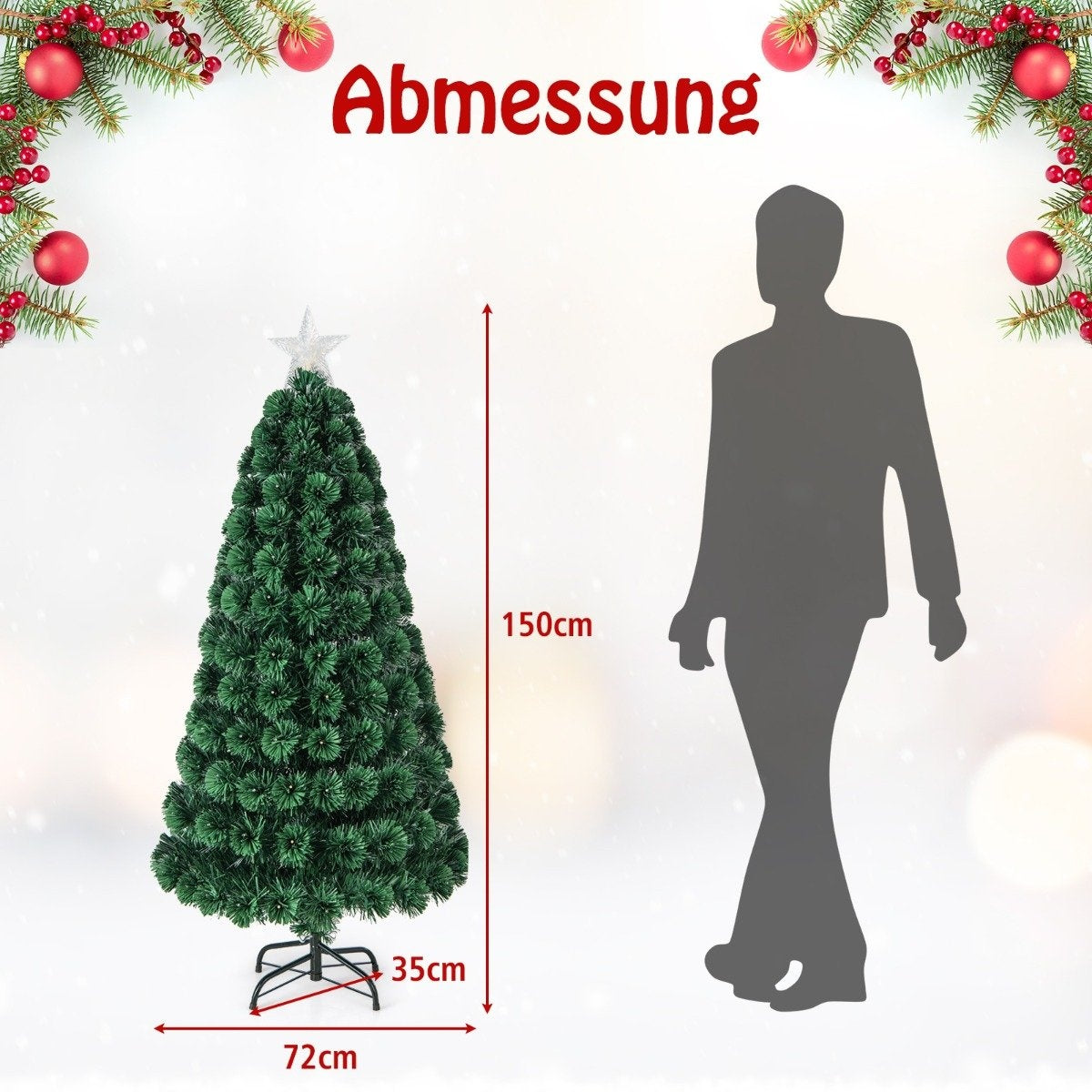 Een 150 cm hoge kerstboom, 72 cm breed, naast een menselijke silhouet.