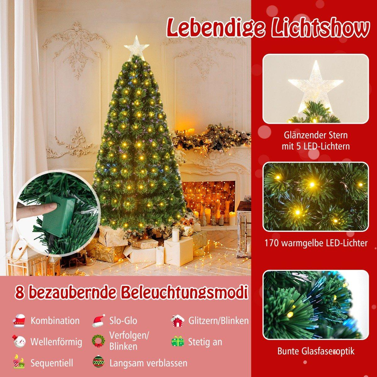 Kerstboom met ster, warme LED-lampjes, glasvezel en 8 verlichtingsmodi.