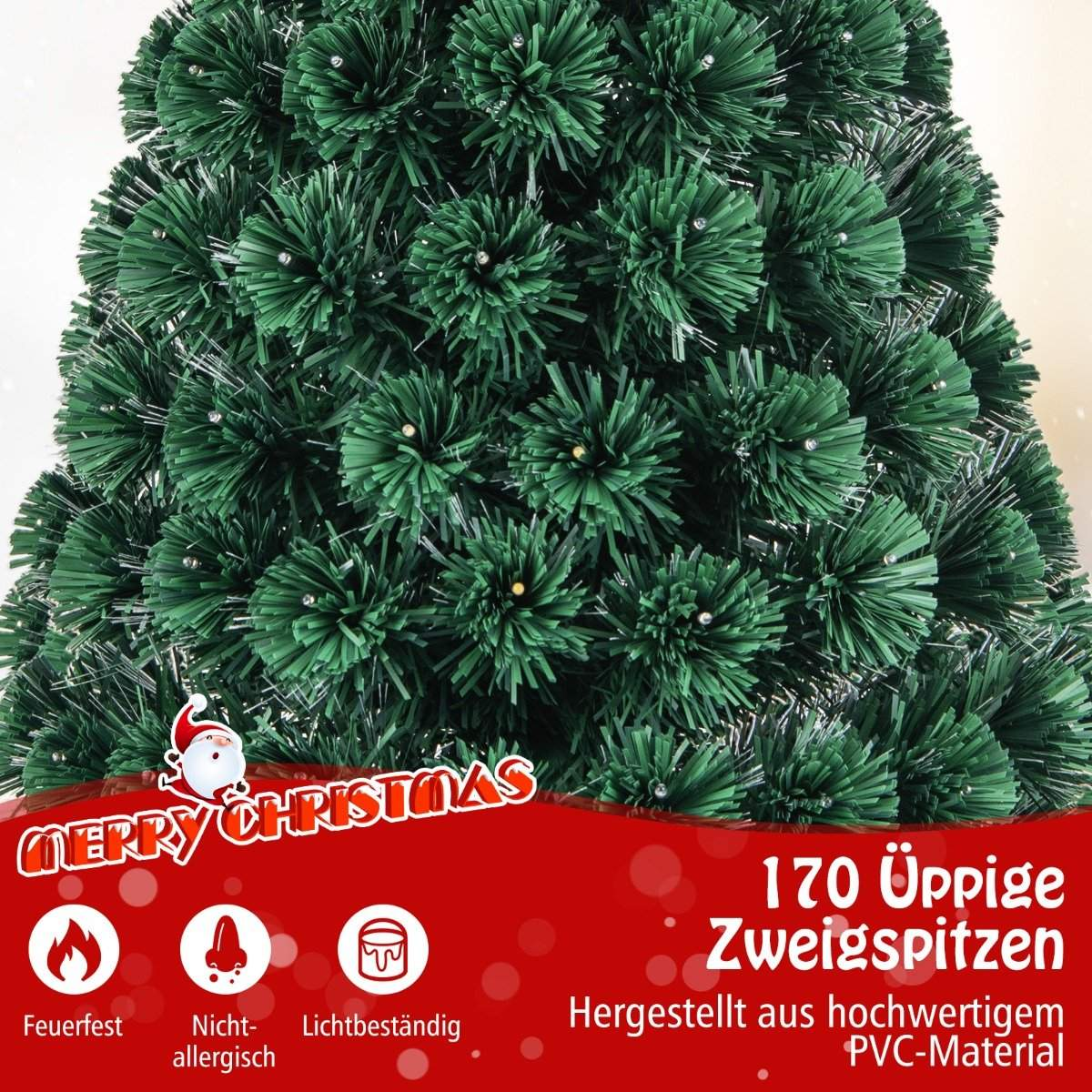 Close-up van een groene kunstkerstboom met gedetailleerde takken en lichtjes.