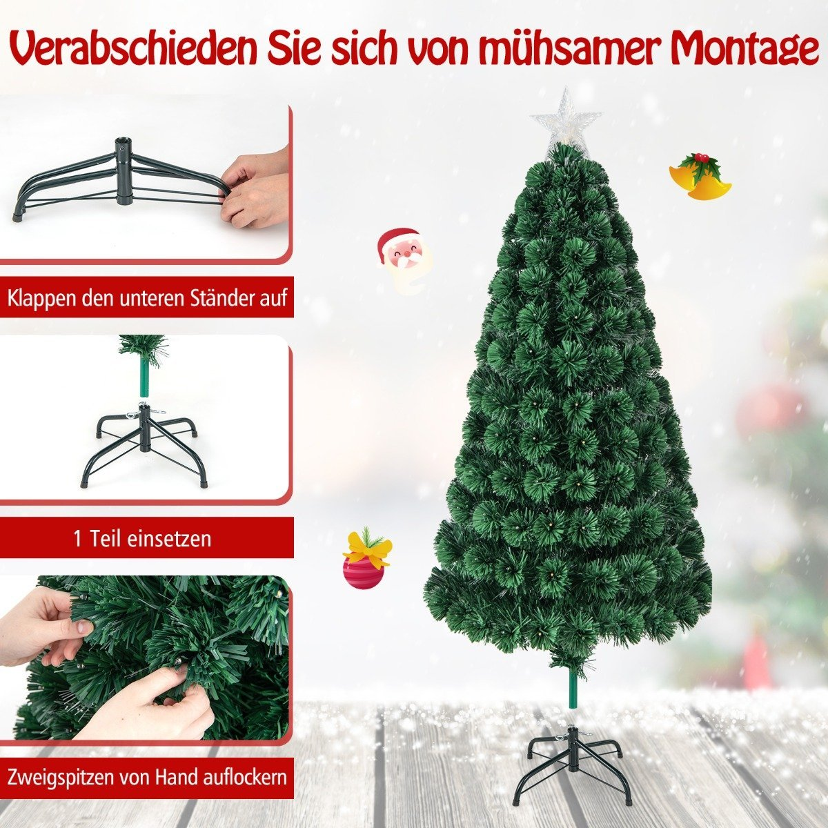 Kerstboom montage: standaard uitklappen, delen plaatsen, takken losmaken. Ster bovenop.
