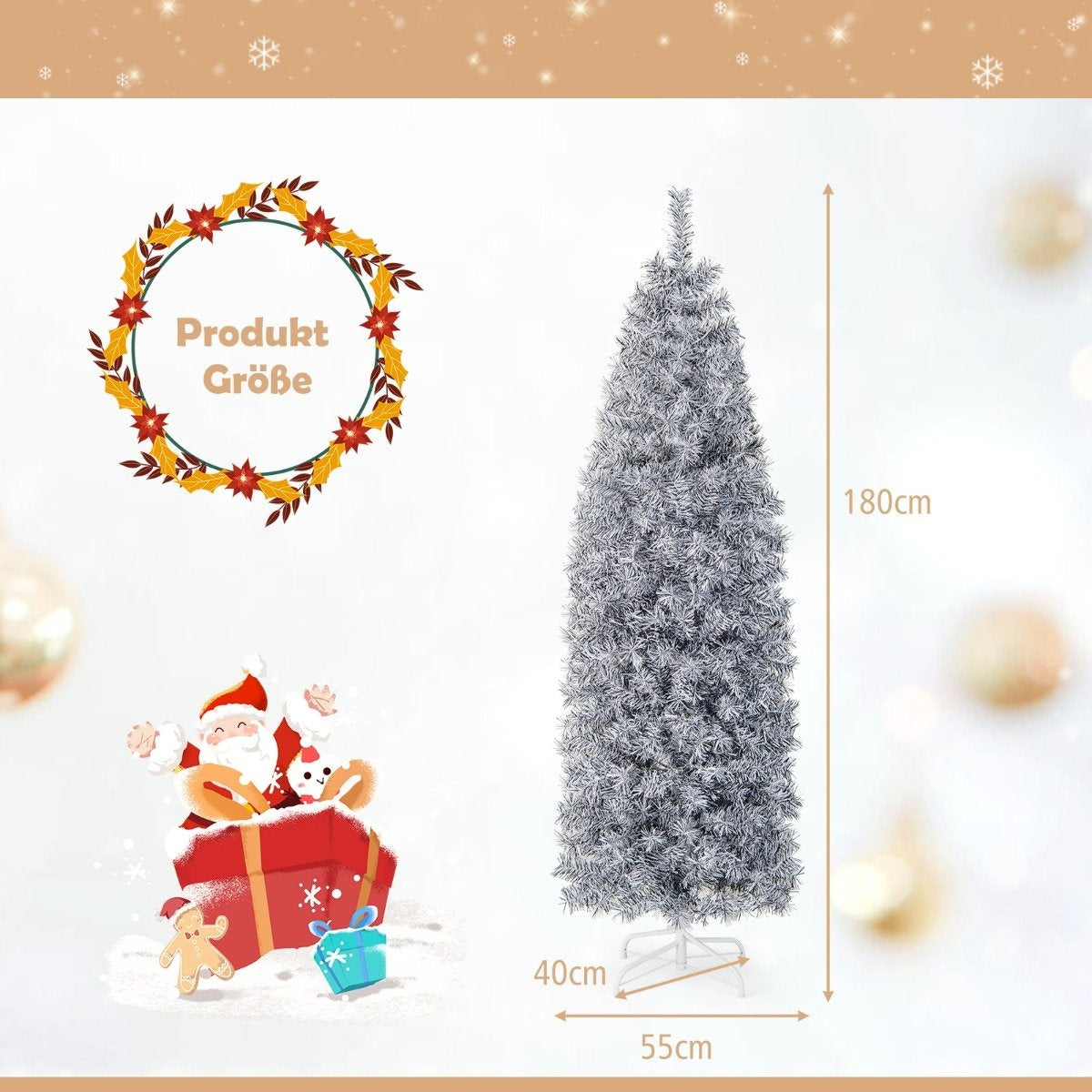 Een 180 cm hoge zilveren kerstboom met witte toppen naast een cadeau met kerstman.