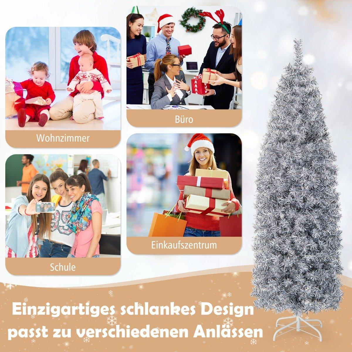 Een slanke witte kerstboom naast vier kleine afbeeldingen van kersttaferelen.
