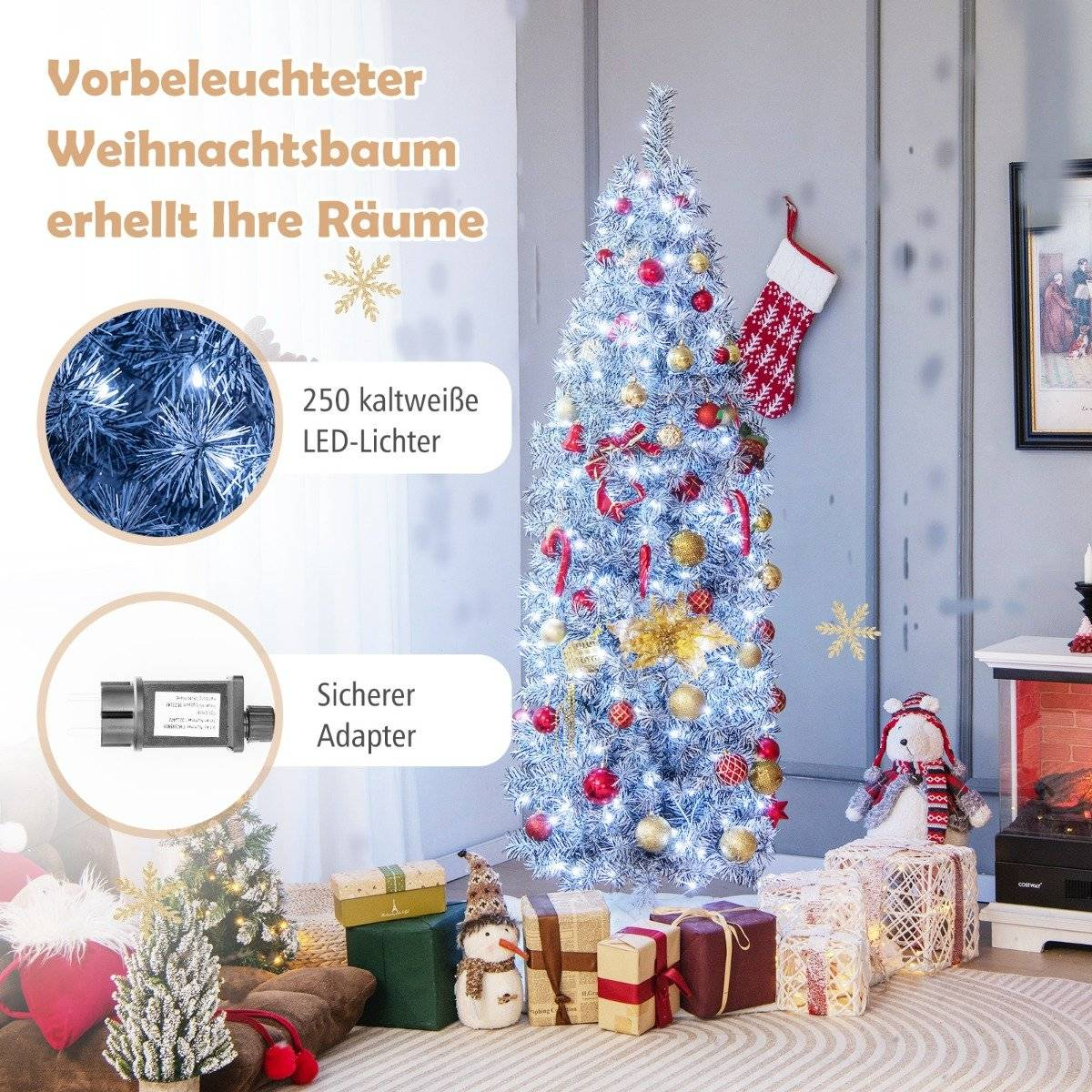 Een verlichte kerstboom met rode en gouden ornamenten, lampjes en decoraties.