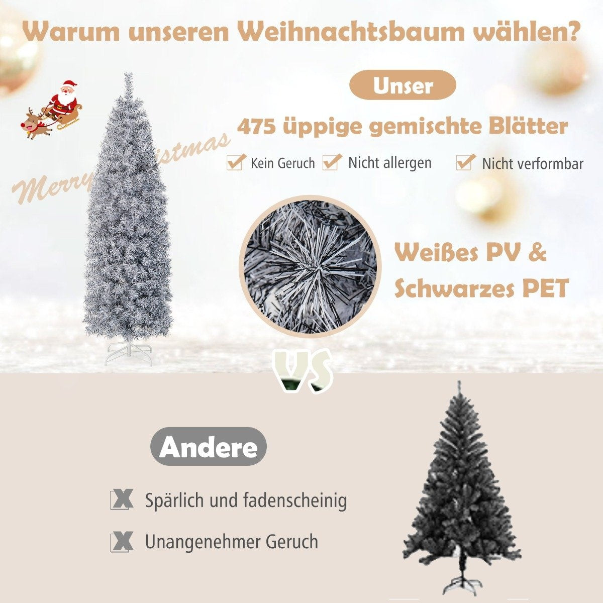 Vergelijking van twee kerstbomen: de ene is vol en wit, de andere spaarzaam en zwart.