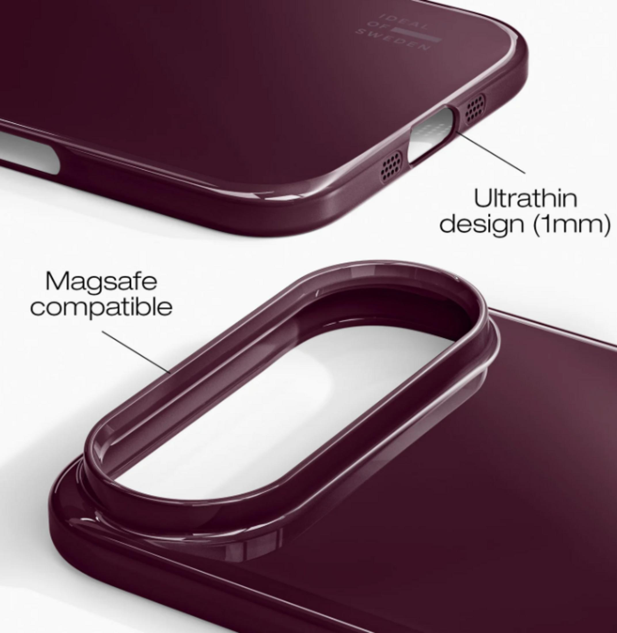 Dunkelrote Handyhülle mit MagSafe-Kompatibilität und ultradünnem Design.