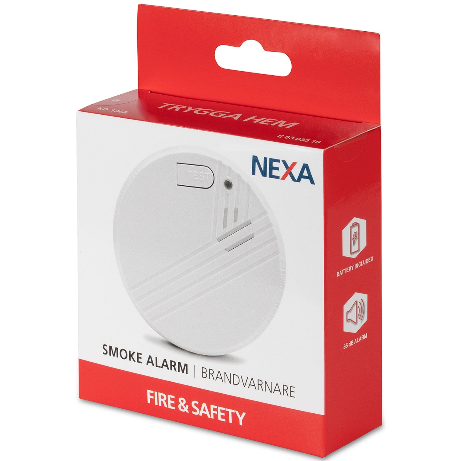 Verpakking van een witte rookmelder met NEXA-logo en rode accenten.