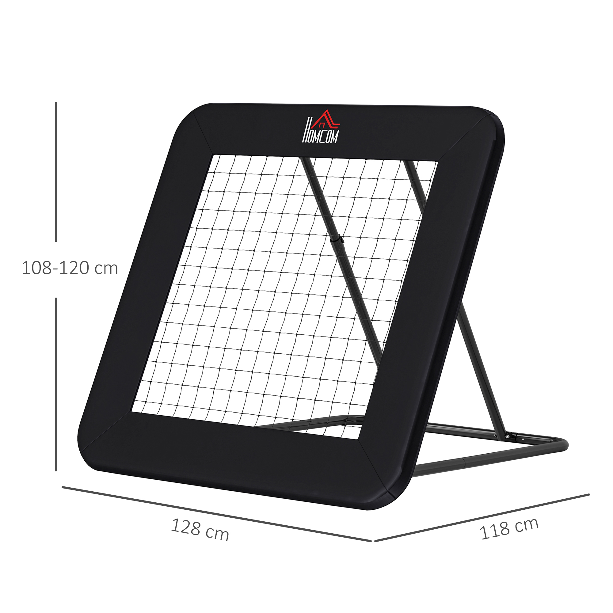 Rebotador de entrenamiento rectangular negro con red y soporte. Dimensiones visibles.