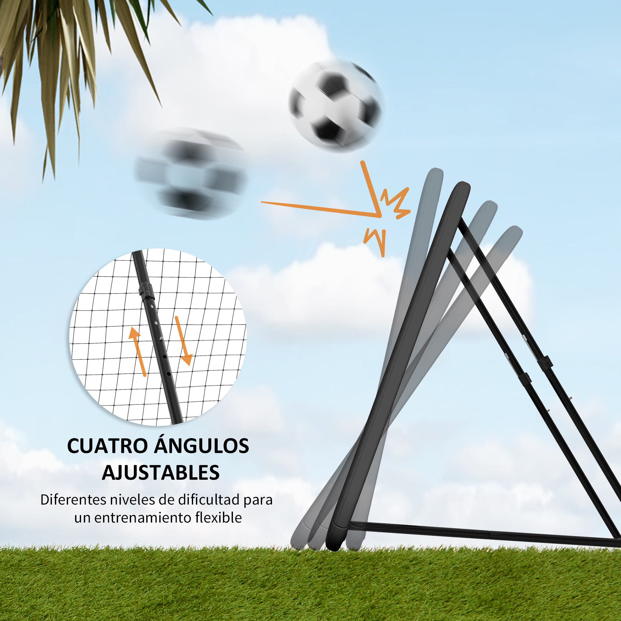 Una portería de fútbol con ángulos ajustables, un balón vuela hacia ella.