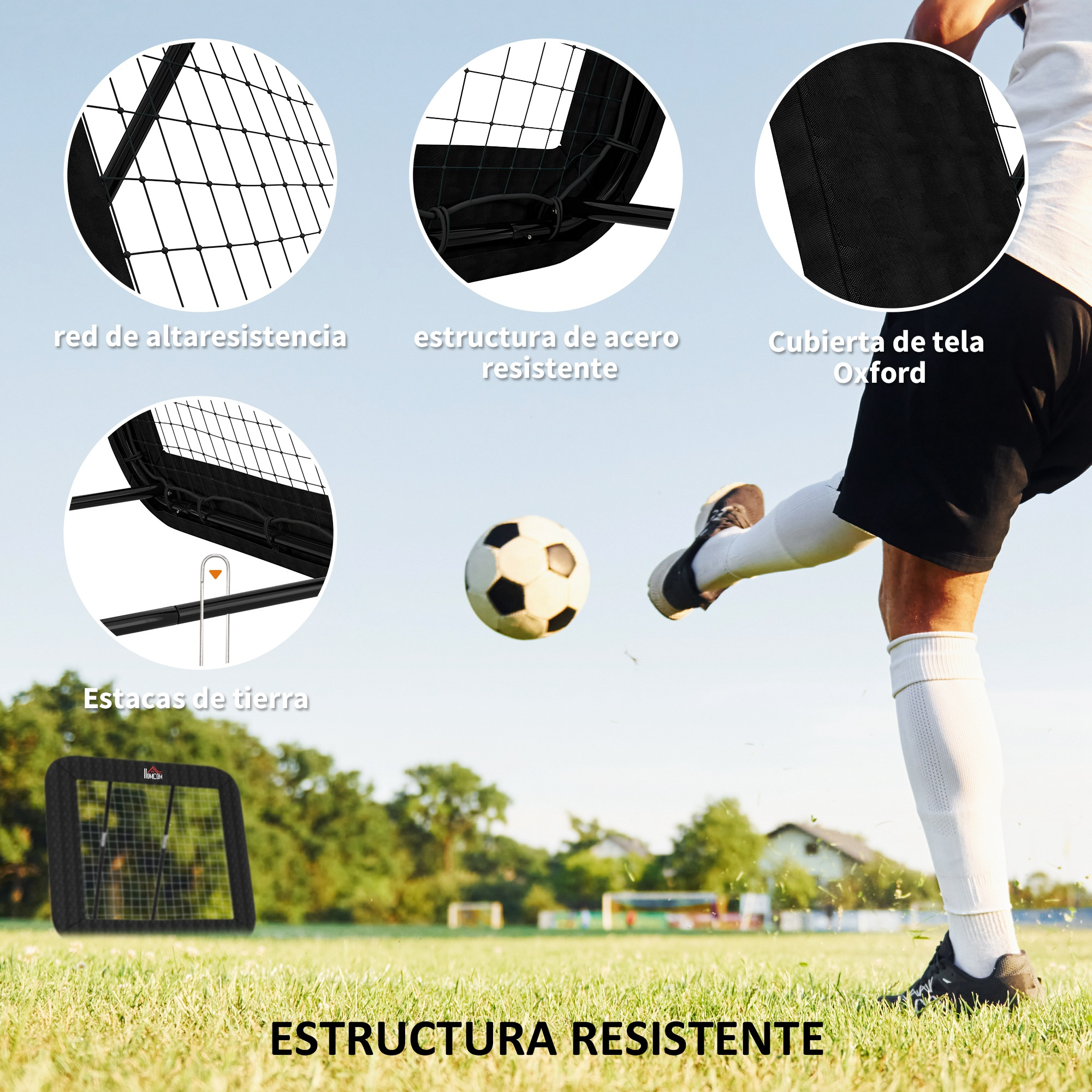 Un futbolista patea un balón, con primeros planos de la portería y su estructura.