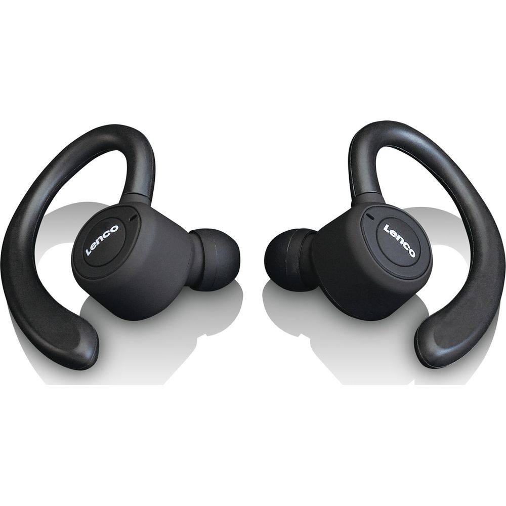 Auriculares negros Lenco con ganchos, sobre fondo blanco.
