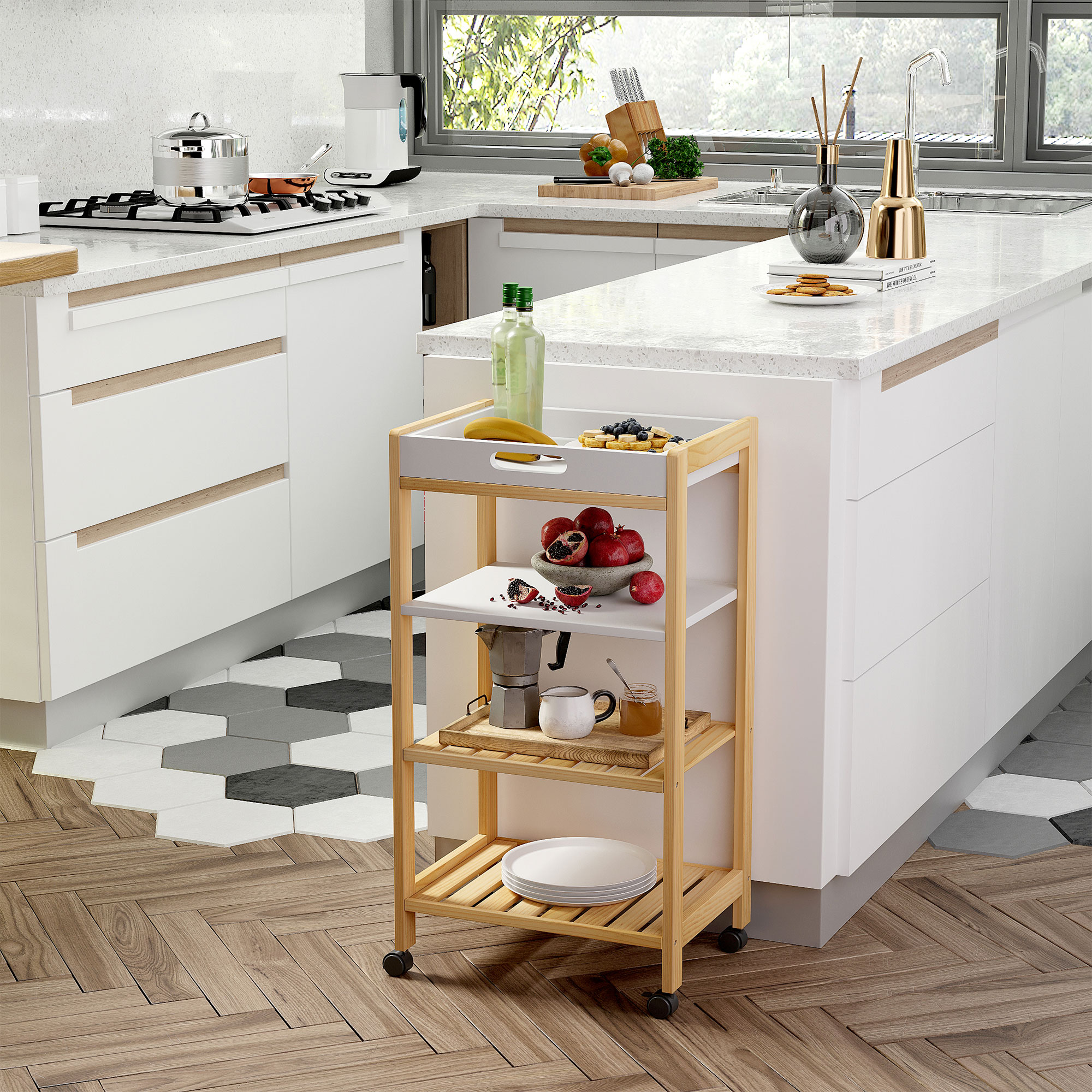 Un carrito de cocina moderno de madera con comida y platos.