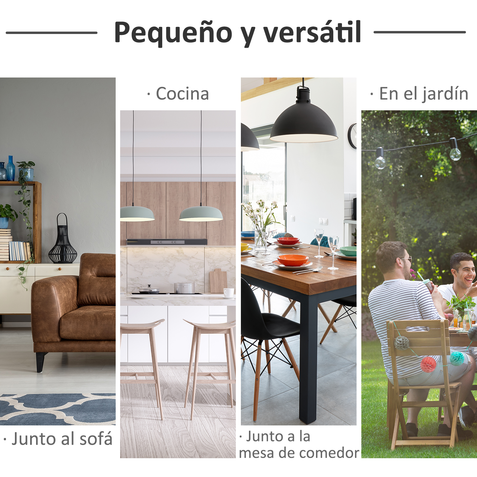 Cuatro escenas: sala, cocina, comedor y fiesta en jardín.
