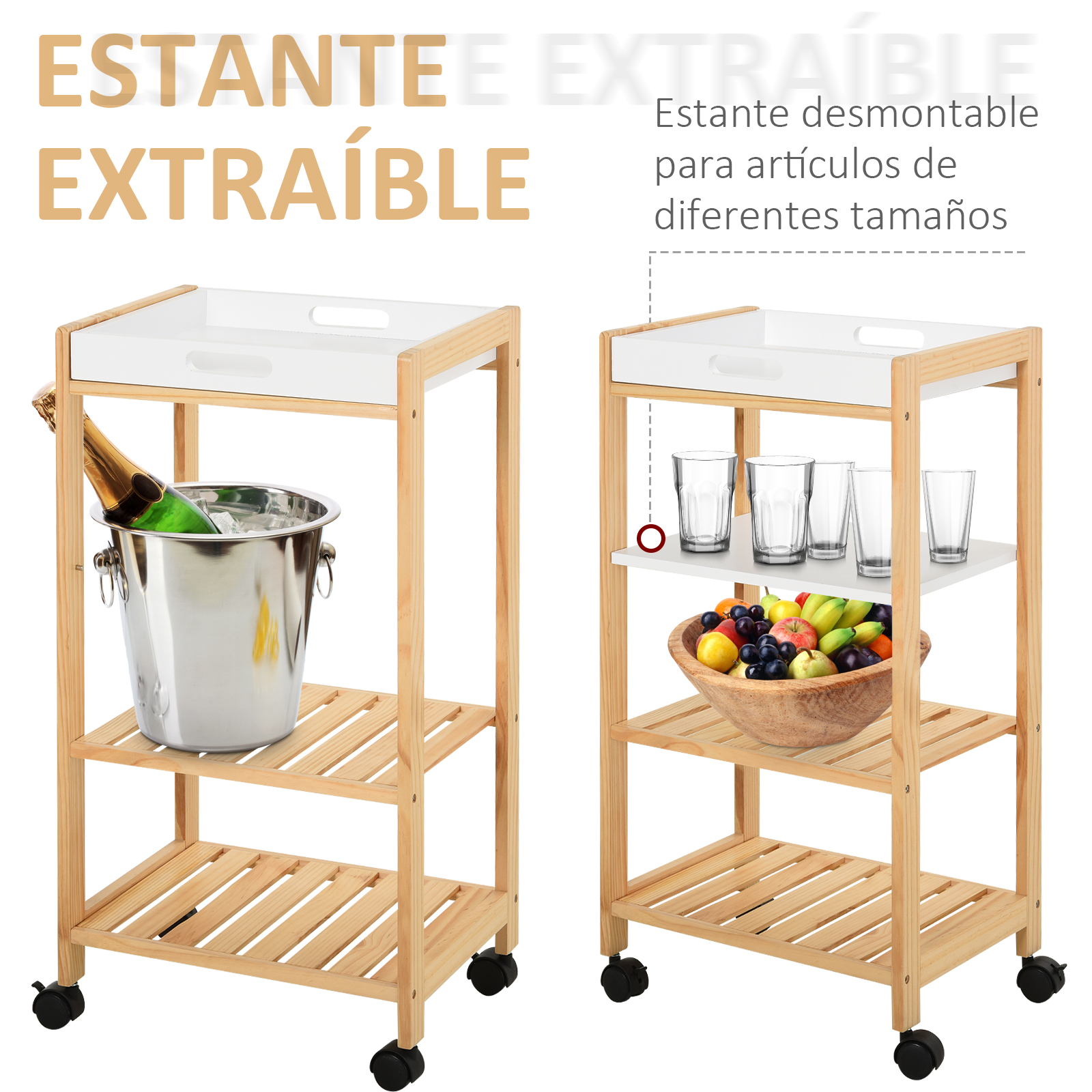Un carrito de servicio de madera con estante superior blanco y ruedas.