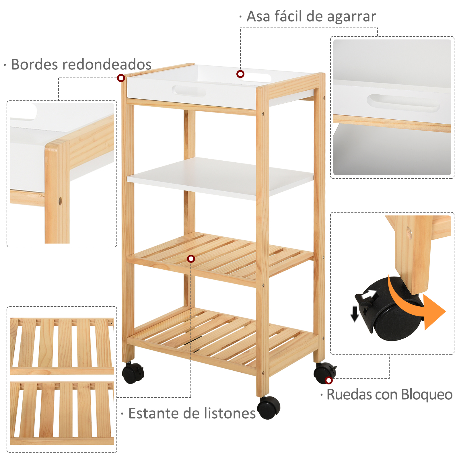 Un carrito de servicio de madera de tres niveles con estantes blancos y ruedas.