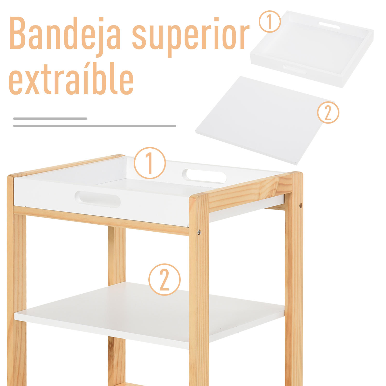 Una bandeja blanca con asas está sobre un estante de madera con dos estantes blancos.
