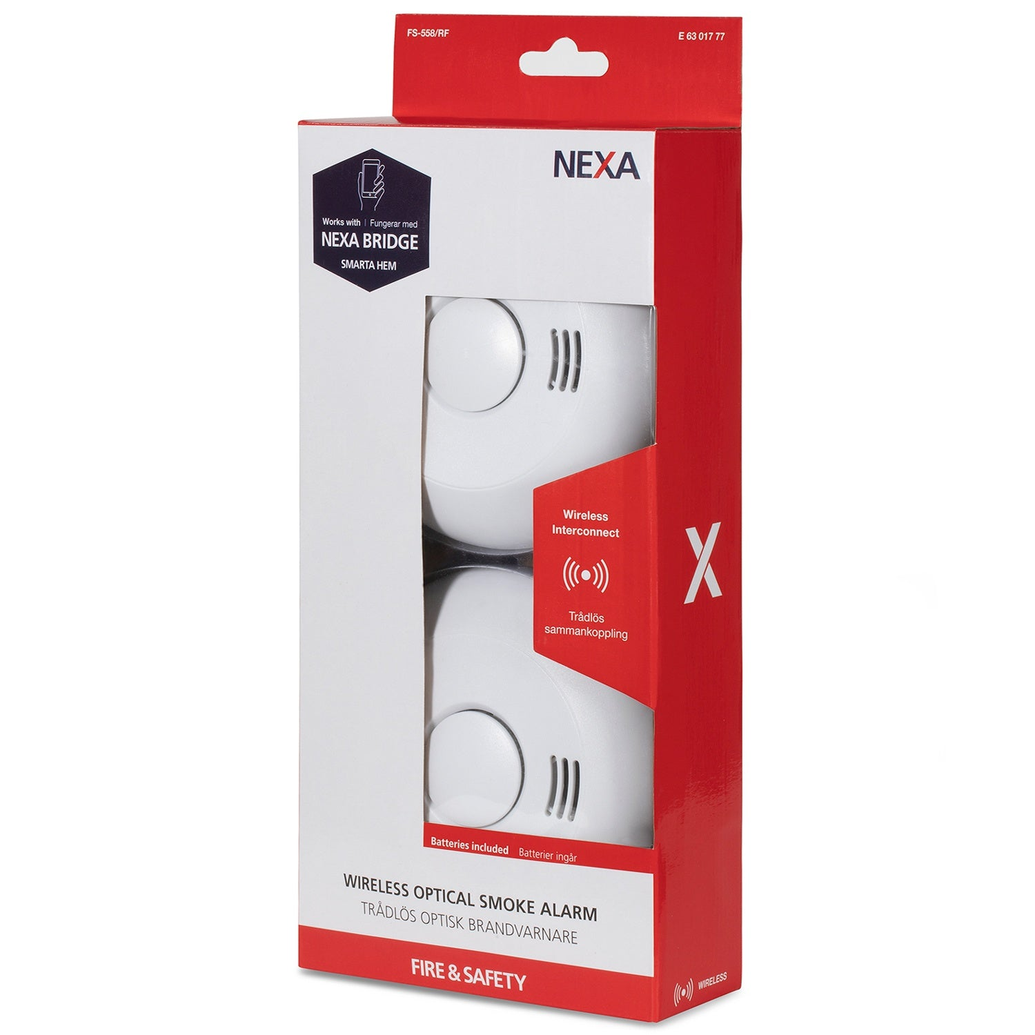 Box with two white NEXA wireless optical smoke alarms.
