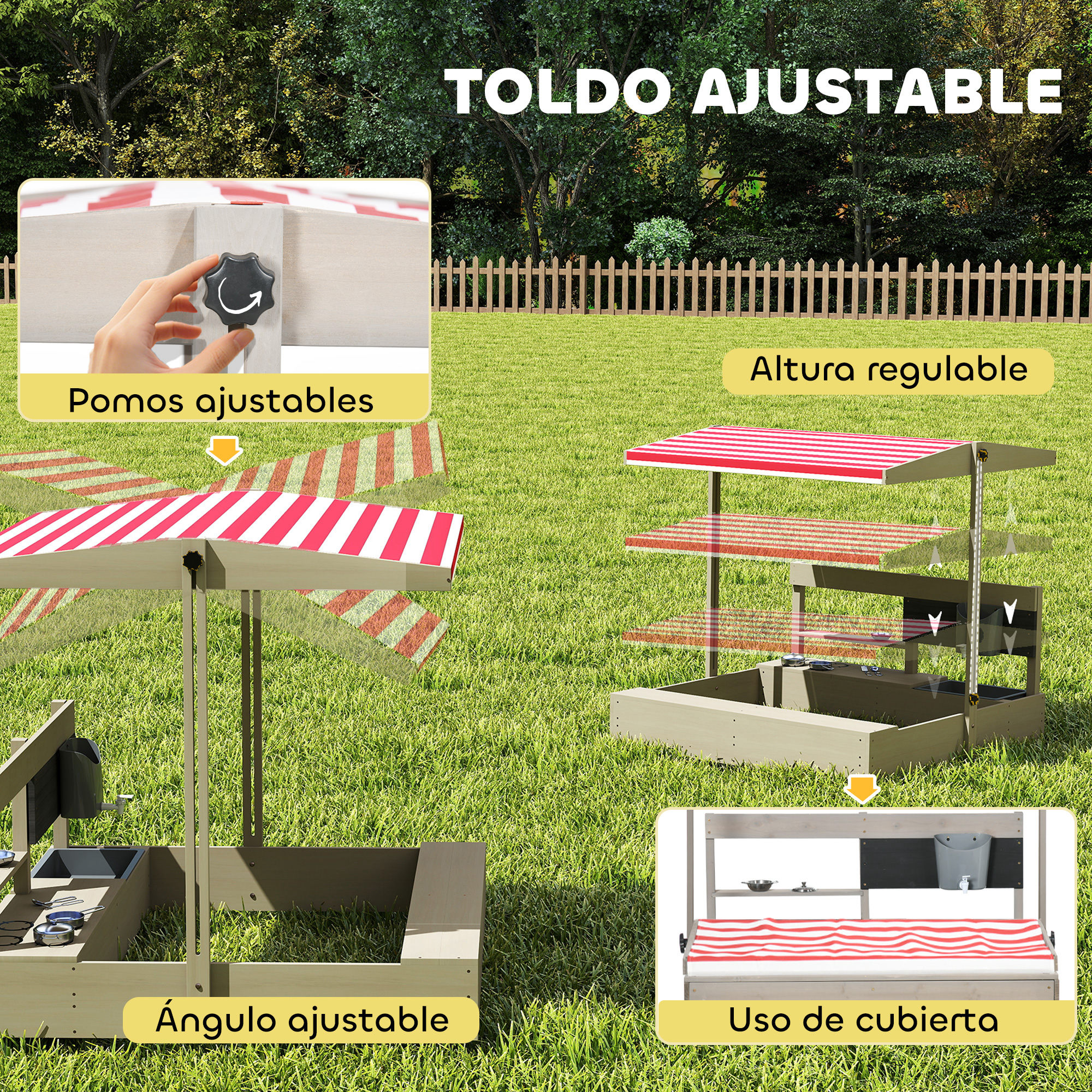 Toldo ajustable con rayas rojas y blancas sobre césped verde.