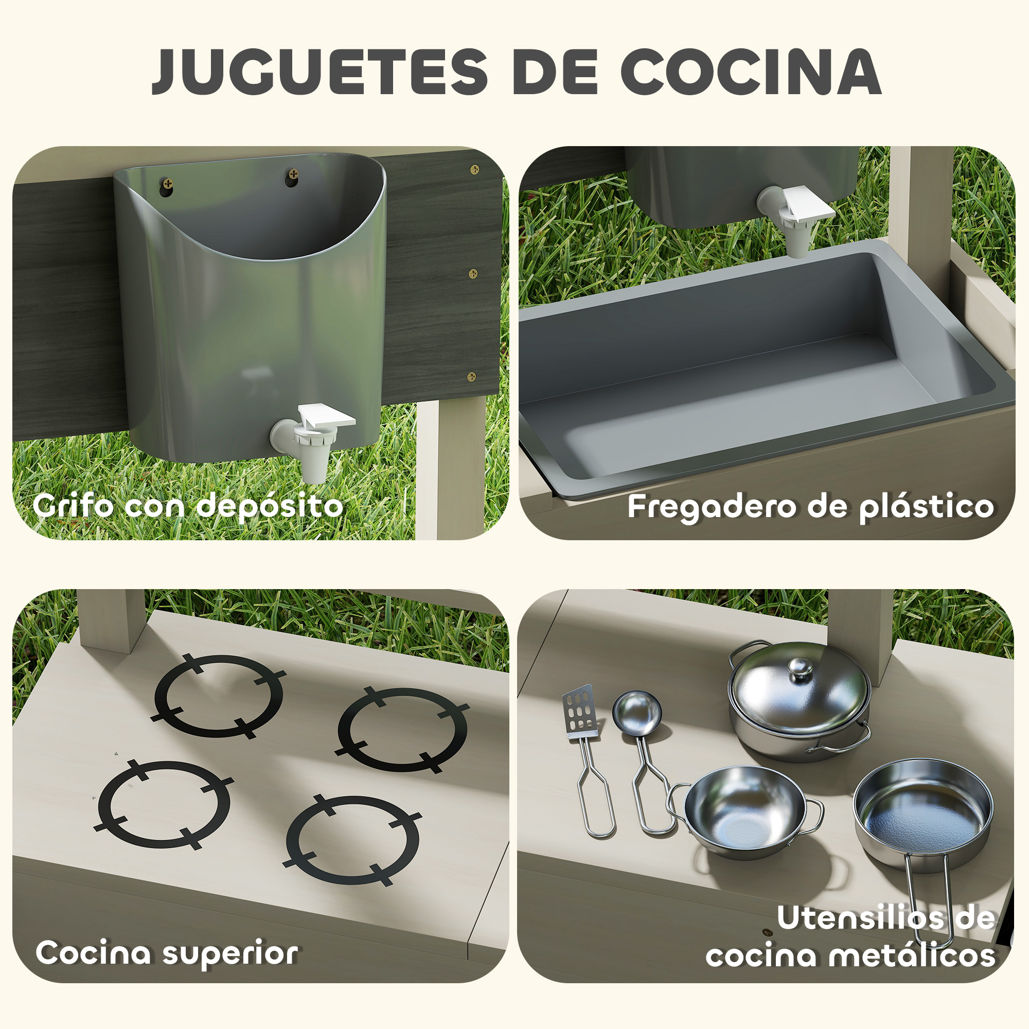Cocina de juguete con fregadero, hornilla y utensilios.
