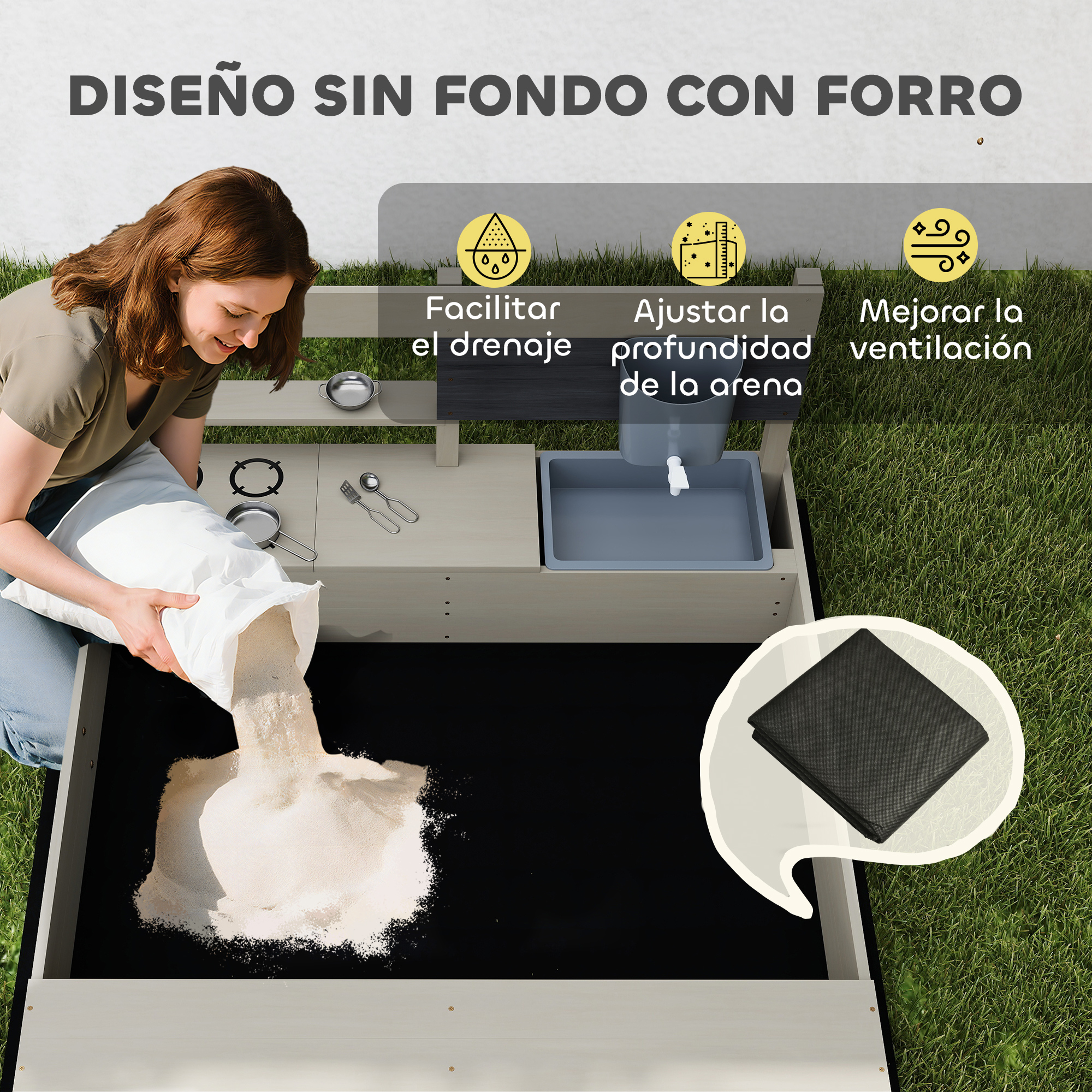 Una mujer vierte arena en una caja de juegos con fregadero y cocina integrados.