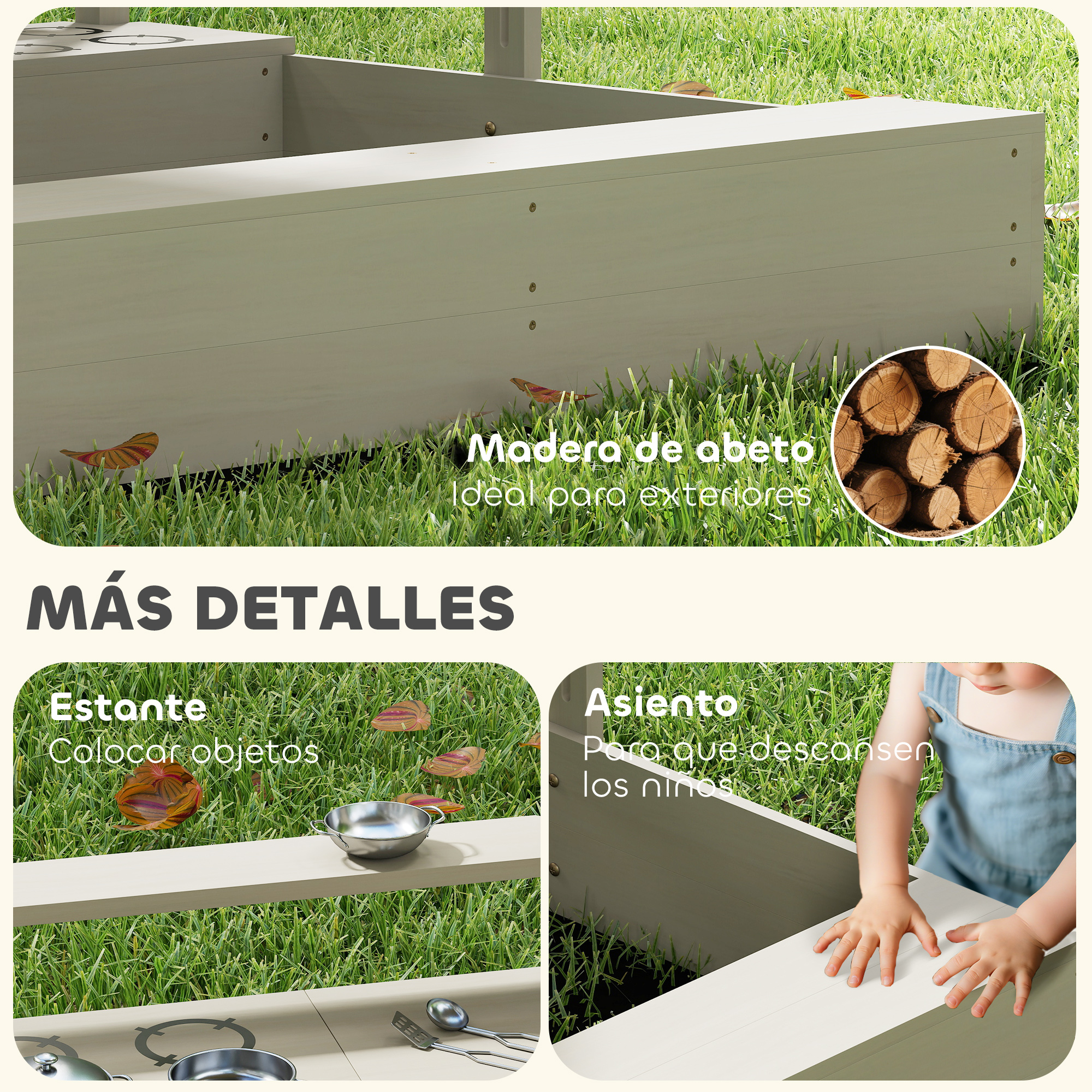 Un huerto elevado de madera con detalles de estante, asiento y leña.
