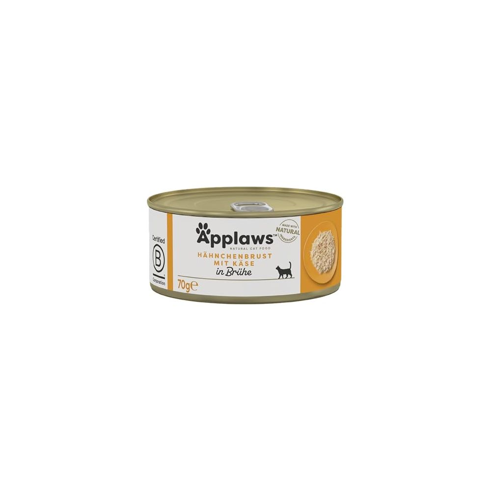 Una lata redonda de pechuga de pollo Applaws con queso en caldo, 70g.